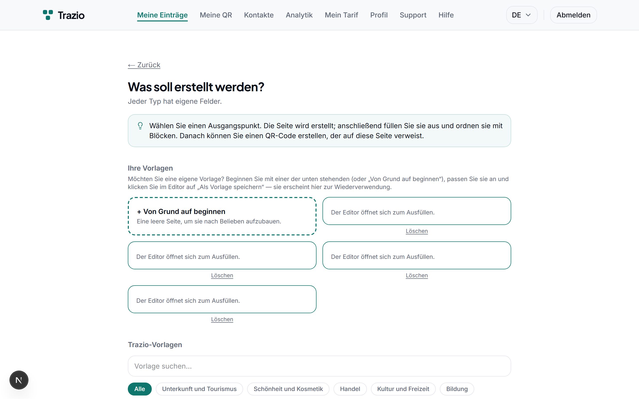 Es wird eine Vorlage entsprechend dem geplanten Verwendungszweck ausgewählt: Immobilie, Gericht, Veranstaltung, Produkt oder andere. Die Vorlage bestimmt die anfängliche Struktur des Inhalts.