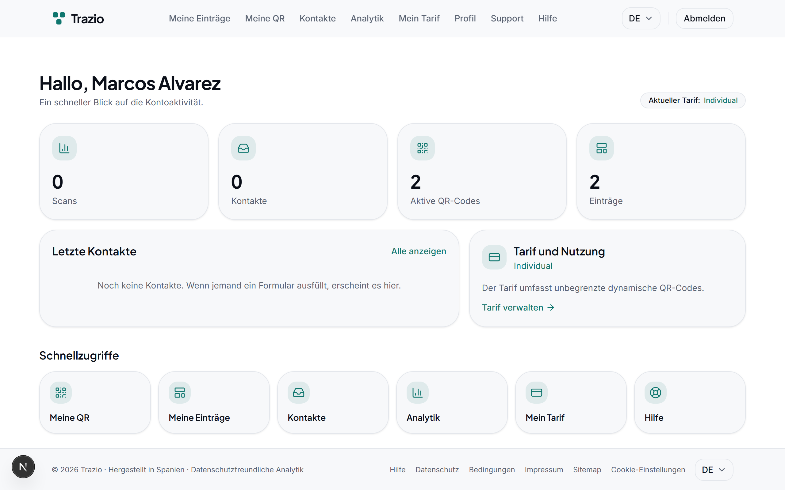 Das Startdashboard fasst die Seiten, die QR-Codes und die Analyse zusammen. Von hier aus lässt sich auf alles zugreifen, was zur Verwaltung des Kontos nötig ist.