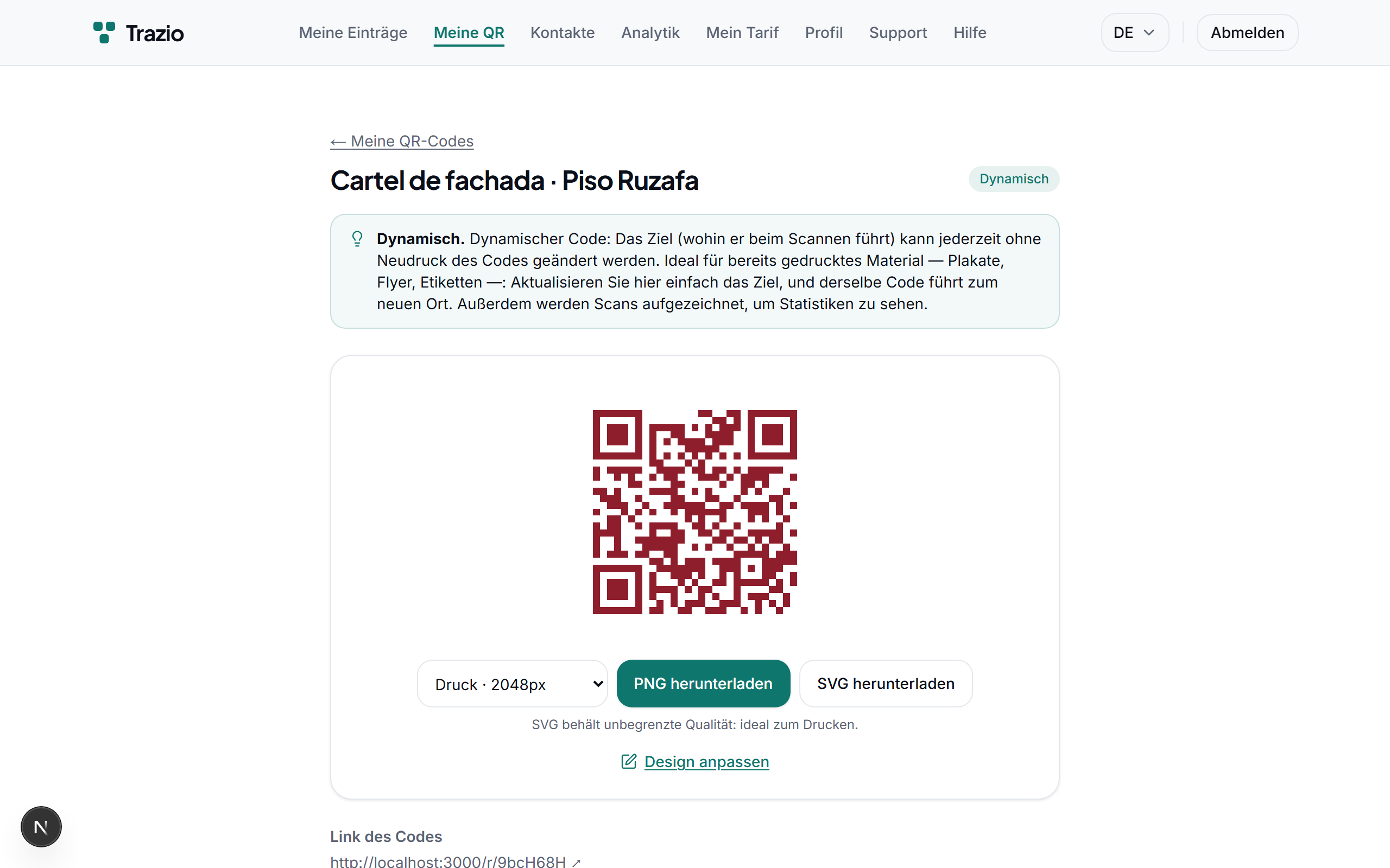 In der Detailansicht des dynamischen Codes wird das aktuelle Ziel angezeigt. Von hier aus gelangt man zur Option, es zu bearbeiten.