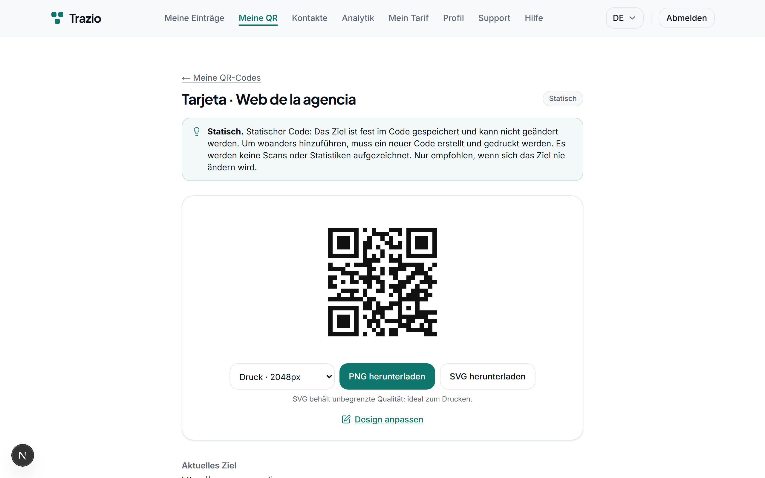 Der erzeugte Code verweist dauerhaft auf diese Adresse. Er kann danach nicht mehr geändert werden und erfasst keine Scans.