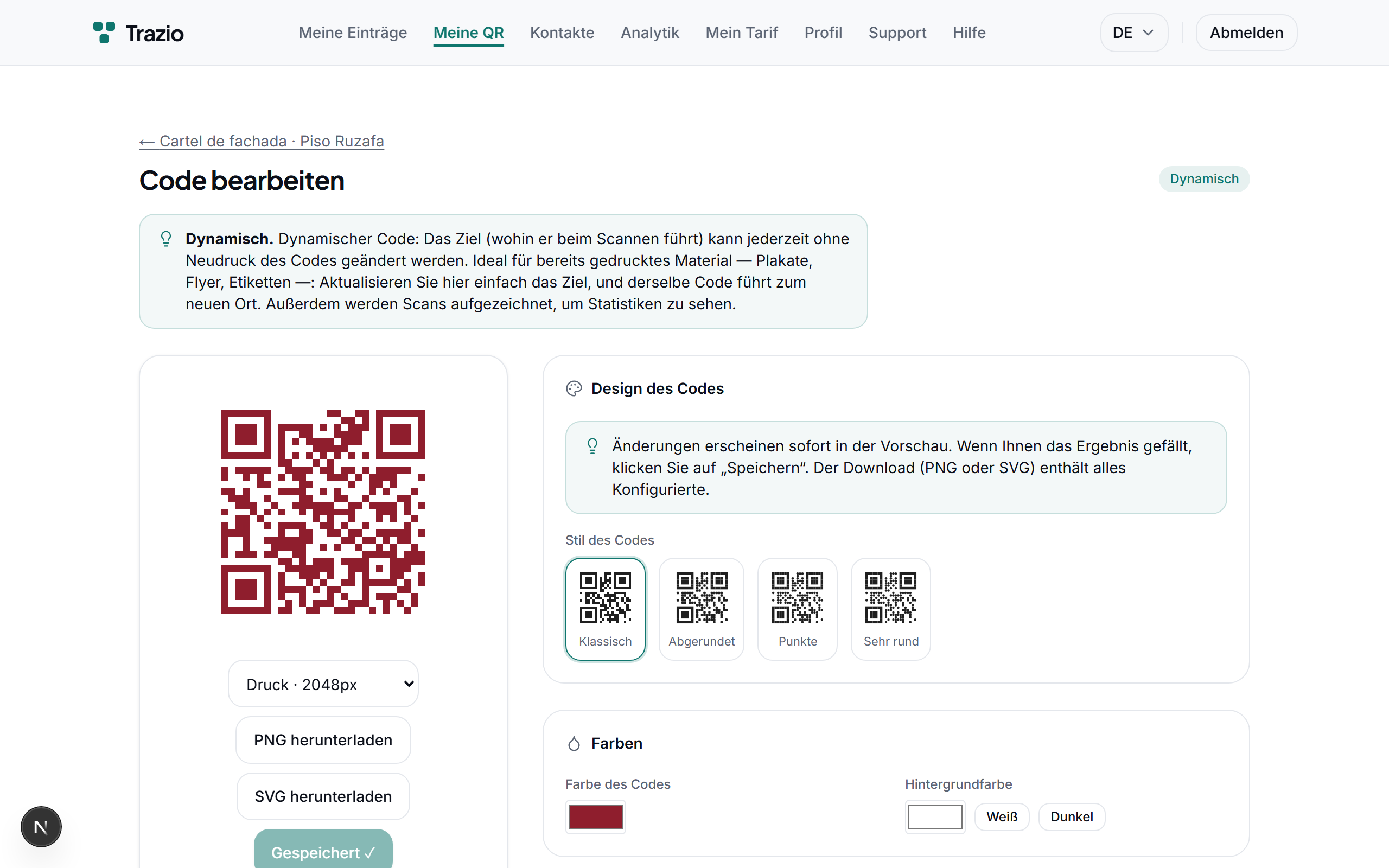 Es wird das neue Ziel angegeben (eine andere Seite oder eine Webadresse) und gespeichert. Die Änderung wird sofort für alle wirksam, die den Code scannen.