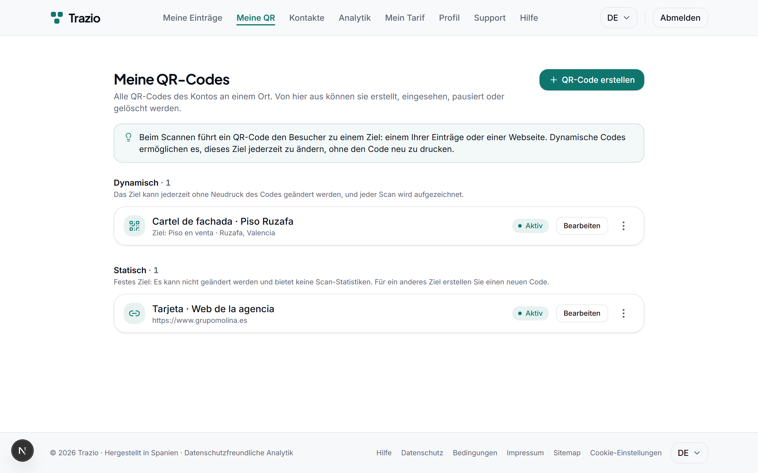 In der Übersicht der QR-Codes werden alle erzeugten Codes angezeigt. Um einen neuen zu erstellen, wird auf die entsprechende Schaltfläche geklickt.