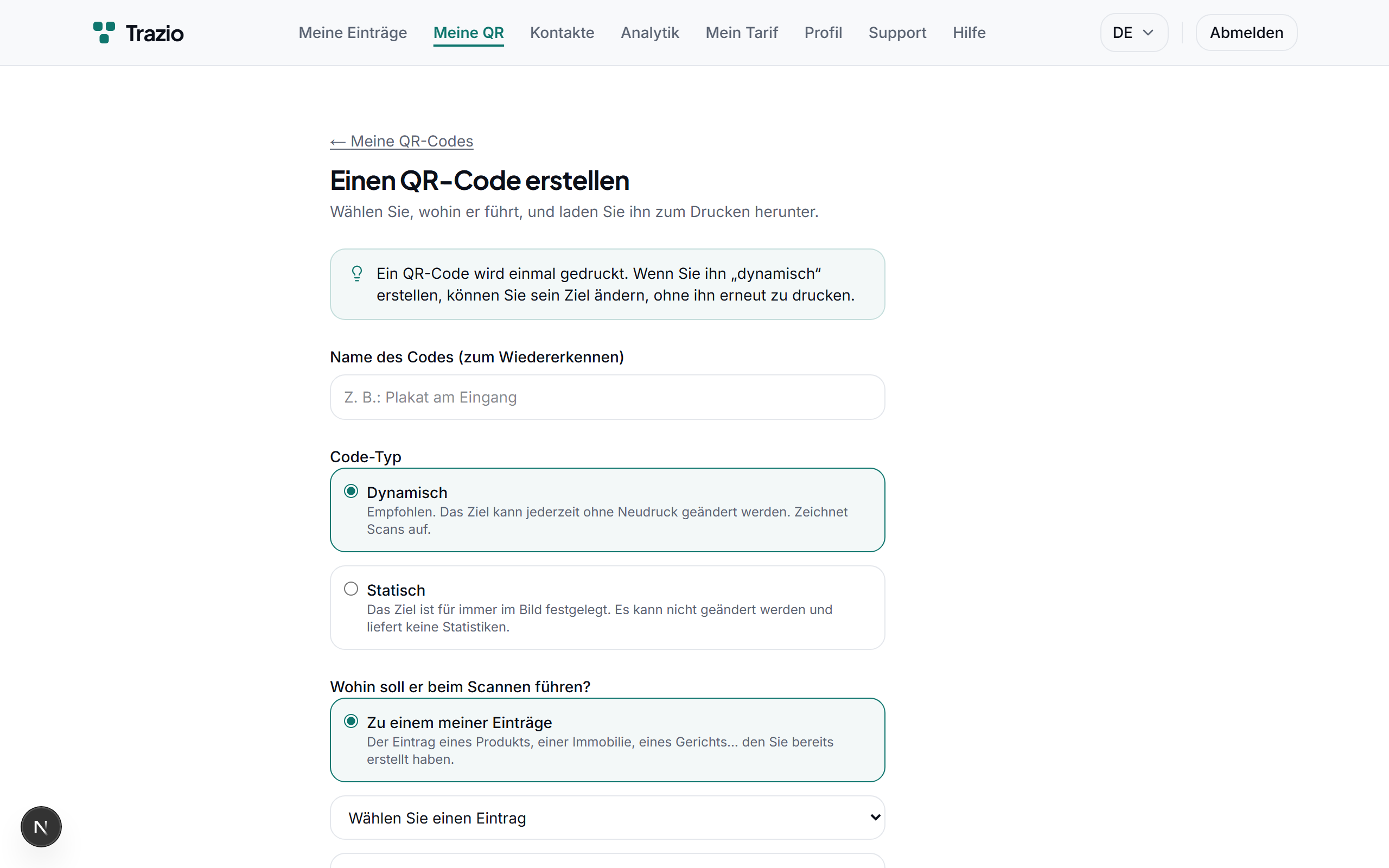 Beim Erstellen eines Codes wird der Typ gewählt. Der dynamische QR-Code erlaubt es, das Ziel zu ändern, ohne erneut zu drucken, und erfasst jeden Scan mit seiner Analyse.