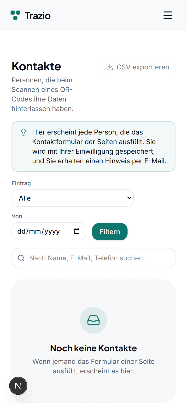 Die eingegangenen Kontakte werden in einer gemeinsamen Übersicht innerhalb des Kontos gesammelt, bereit zum Einsehen oder Exportieren.