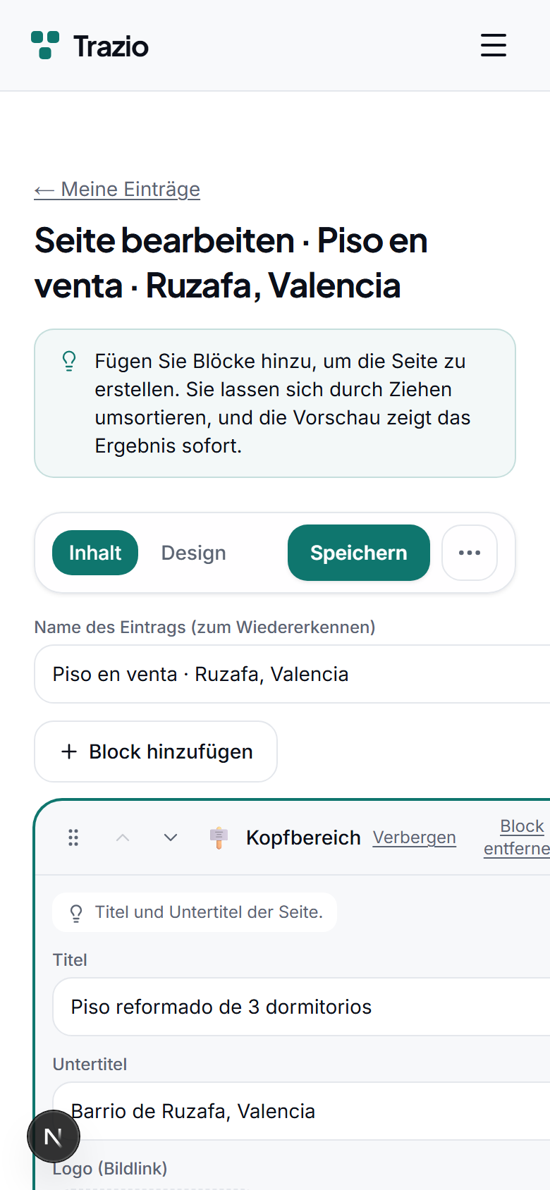 Im Editor werden Titel, Beschreibung und Bilder ausgefüllt. Jedes Feld kann vor der Veröffentlichung beliebig oft geändert werden.