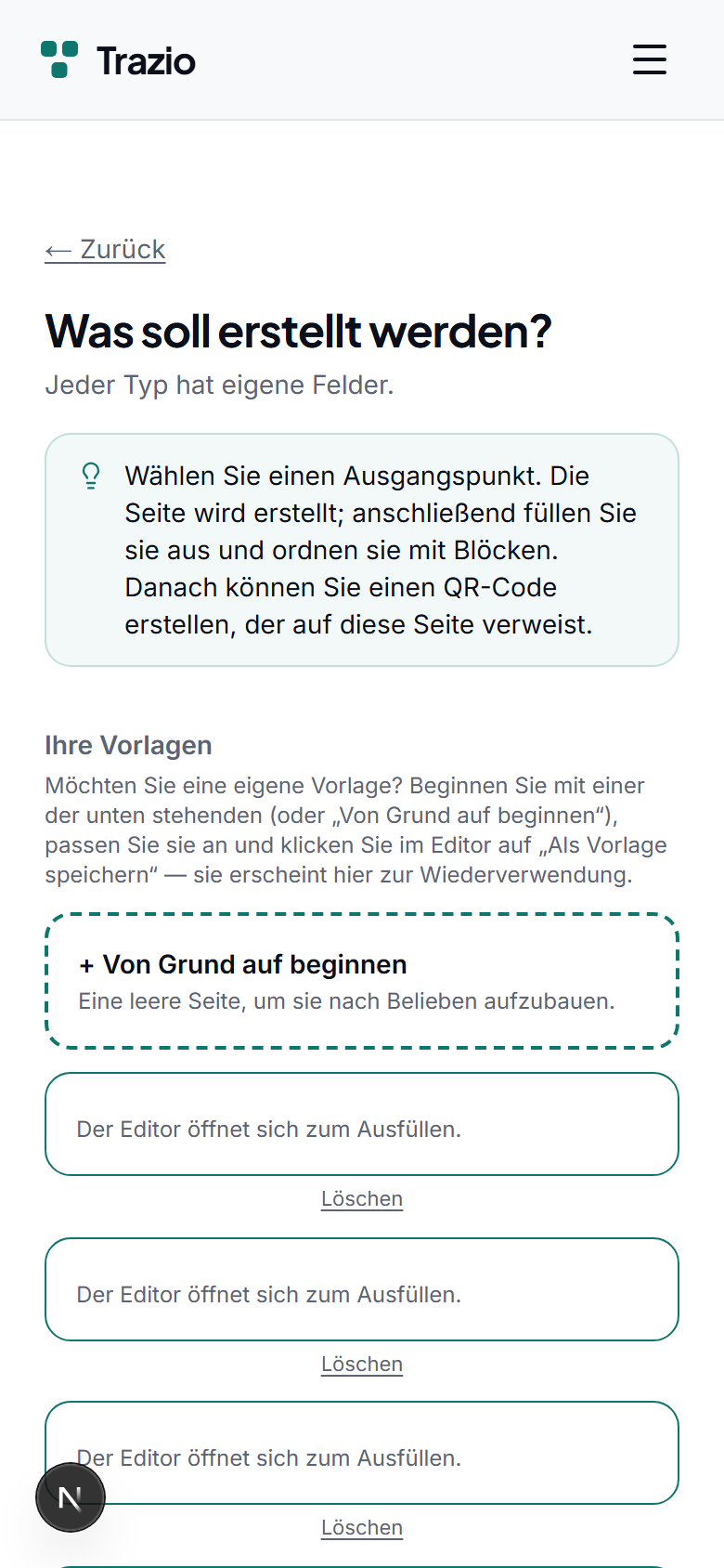 Es wird eine Vorlage entsprechend dem geplanten Verwendungszweck ausgewählt: Immobilie, Gericht, Veranstaltung, Produkt oder andere. Die Vorlage bestimmt die anfängliche Struktur des Inhalts.