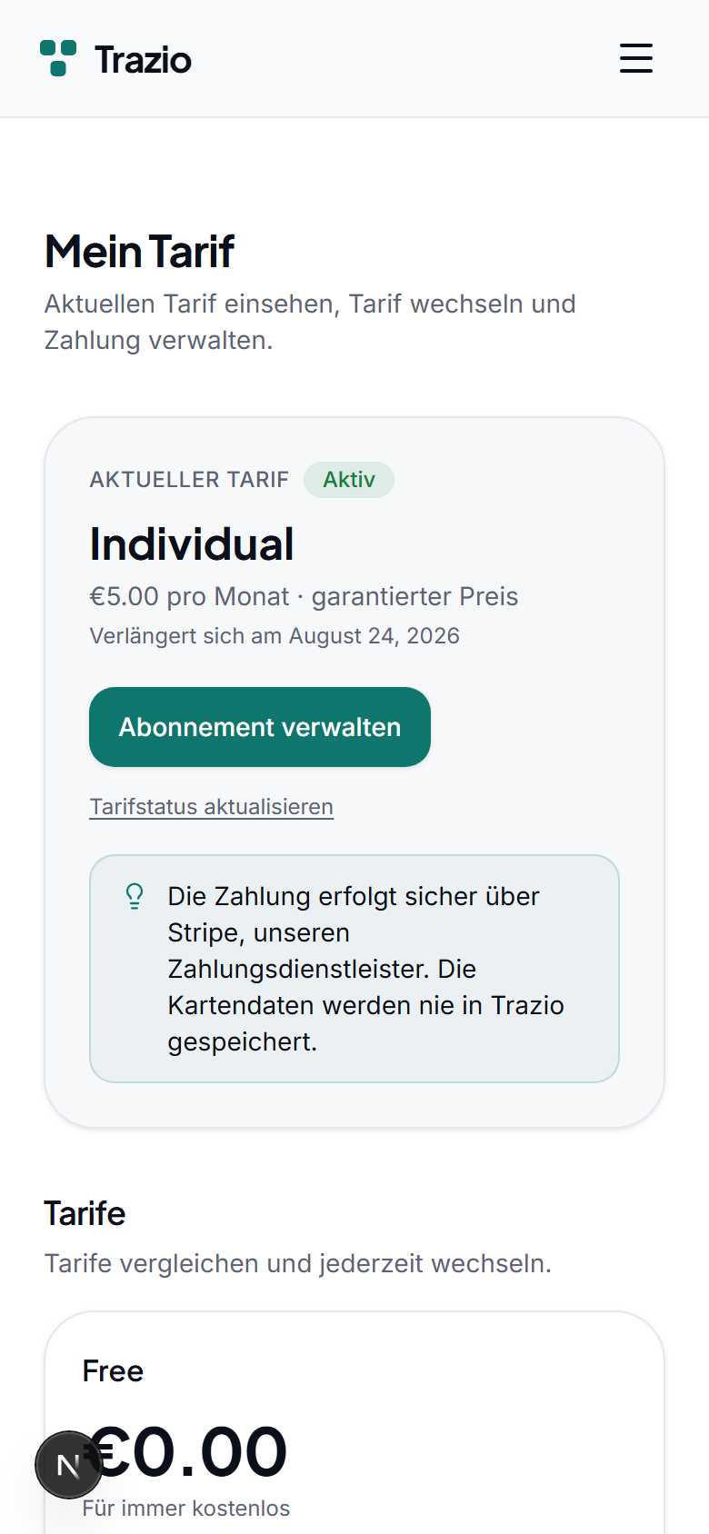 Im Planbereich werden der aktuelle Plan und sein Umfang eingesehen. Der Free-Plan erlaubt es, Seiten und Codes mit den grundlegenden Funktionen zu erstellen.