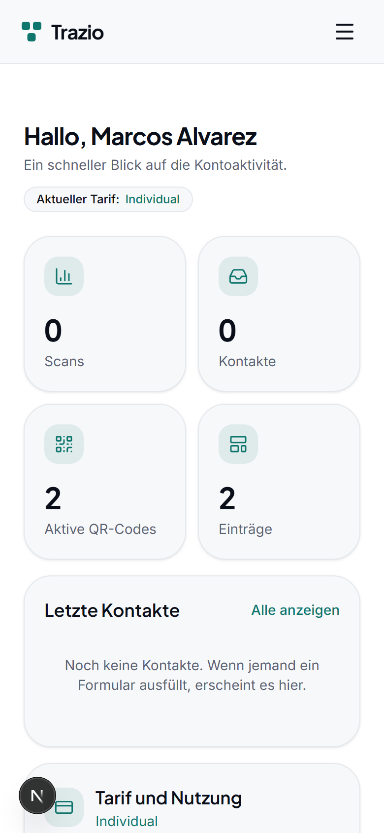 Das Startdashboard fasst die Seiten, die QR-Codes und die Analyse zusammen. Von hier aus lässt sich auf alles zugreifen, was zur Verwaltung des Kontos nötig ist.