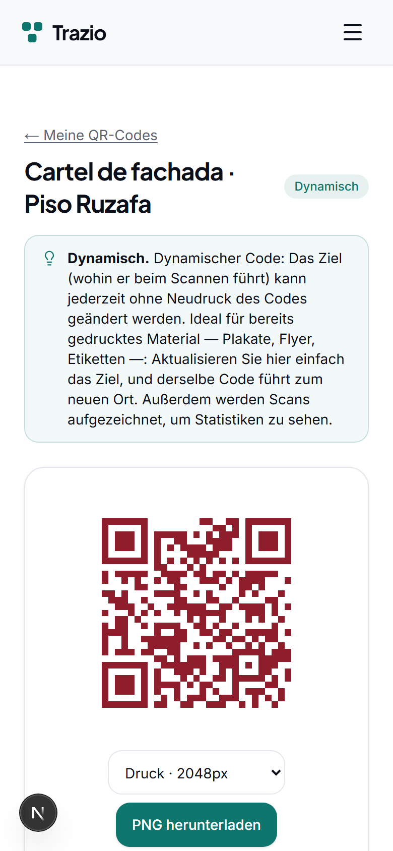In der Detailansicht des dynamischen Codes wird das aktuelle Ziel angezeigt. Von hier aus gelangt man zur Option, es zu bearbeiten.
