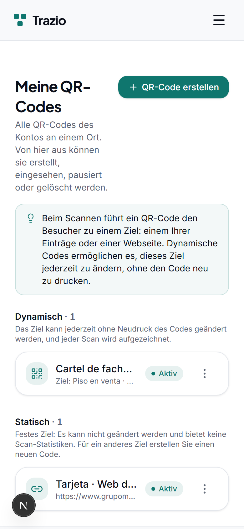 In der Übersicht der QR-Codes werden alle erzeugten Codes angezeigt. Um einen neuen zu erstellen, wird auf die entsprechende Schaltfläche geklickt.