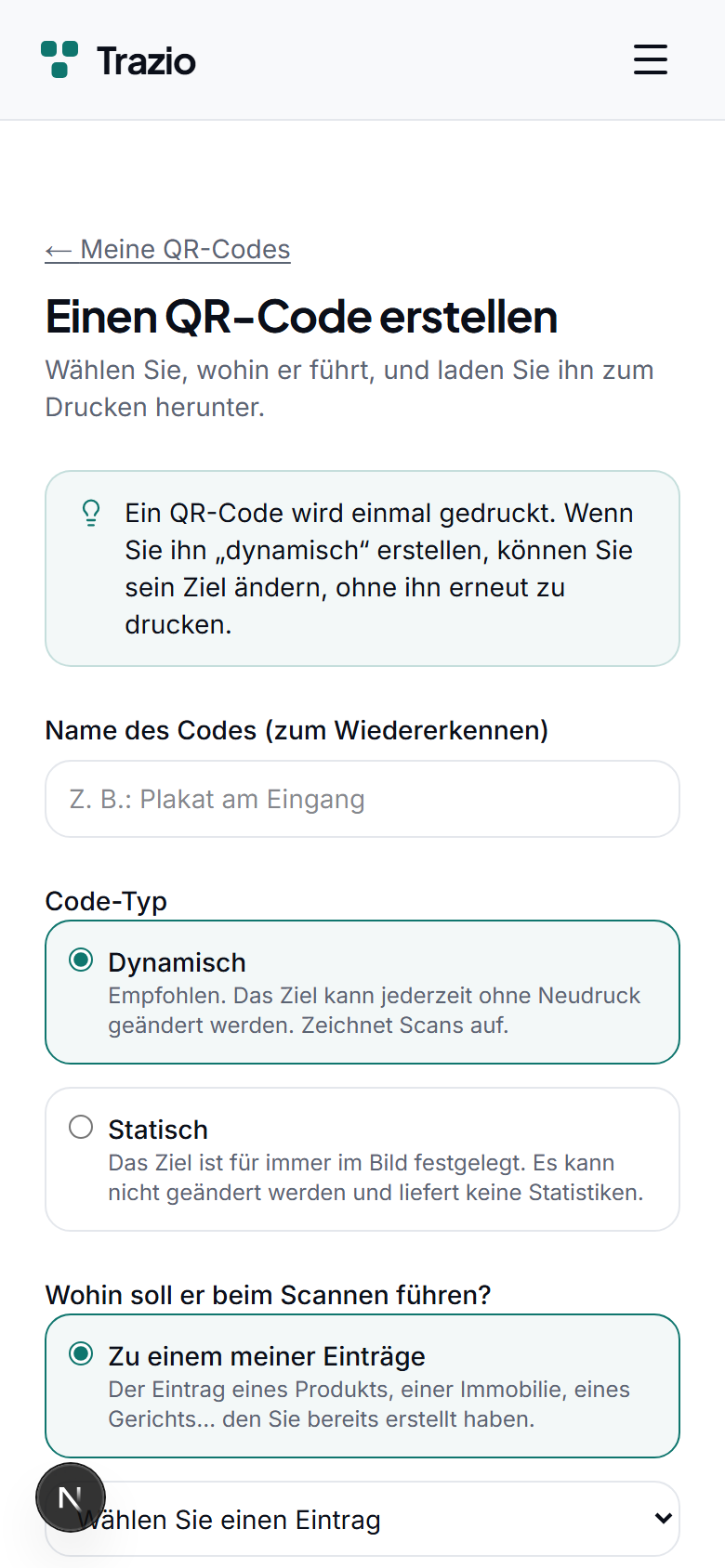 Beim Erstellen eines Codes wird der Typ gewählt. Der dynamische QR-Code erlaubt es, das Ziel zu ändern, ohne erneut zu drucken, und erfasst jeden Scan mit seiner Analyse.