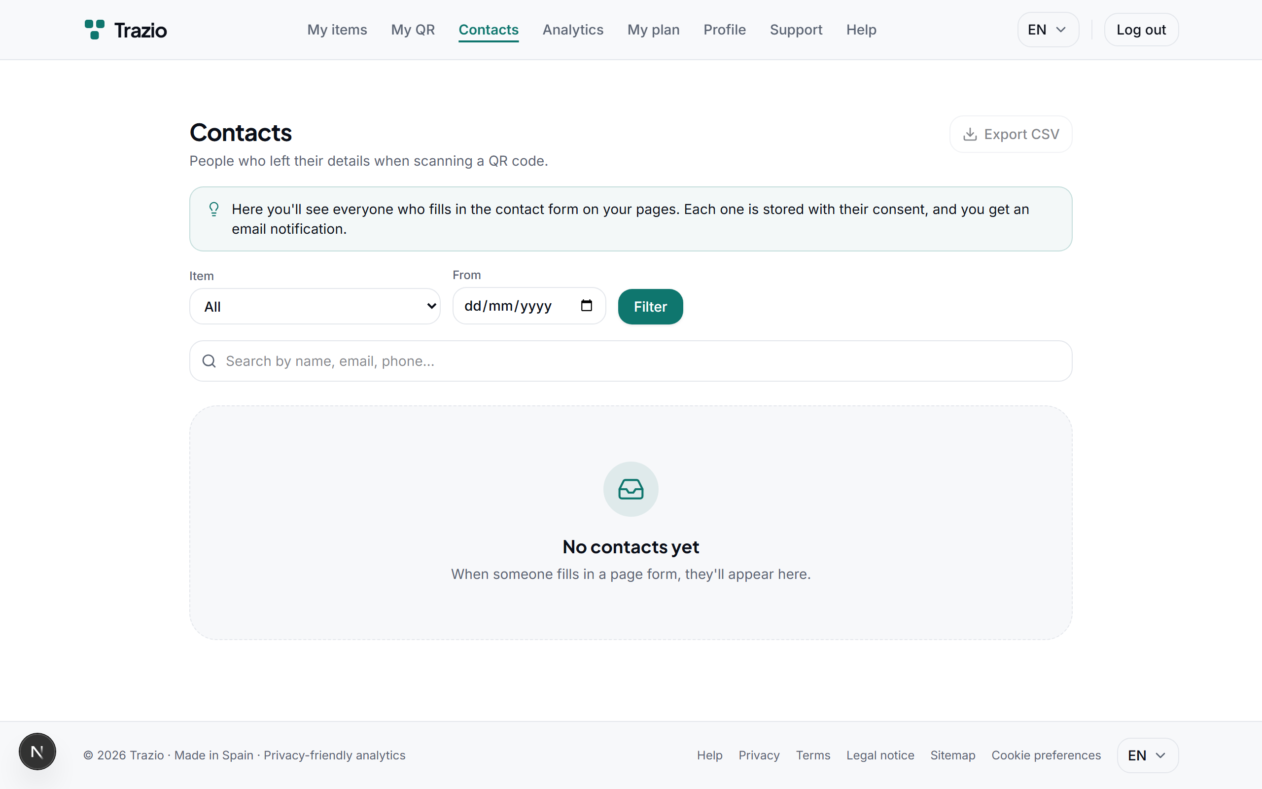 The contacts you receive are collected in a single list within your account, ready to view or export.