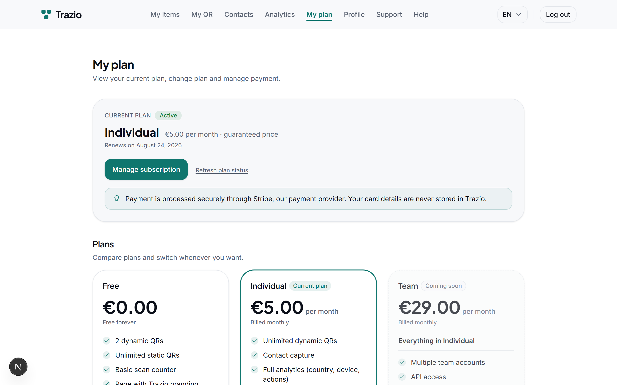 The plan section shows your current plan and what it includes. The Free plan lets you create records and codes with the essential features.
