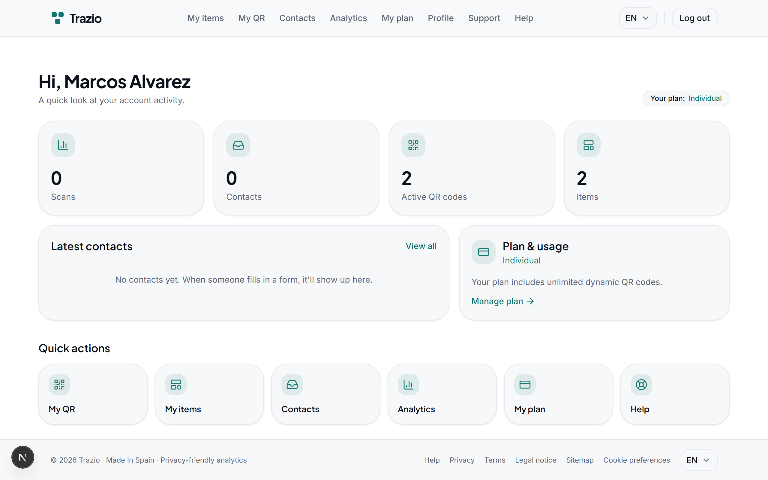 The home dashboard brings together your records, QR codes, and analytics. From here you can access everything you need to manage your account.
