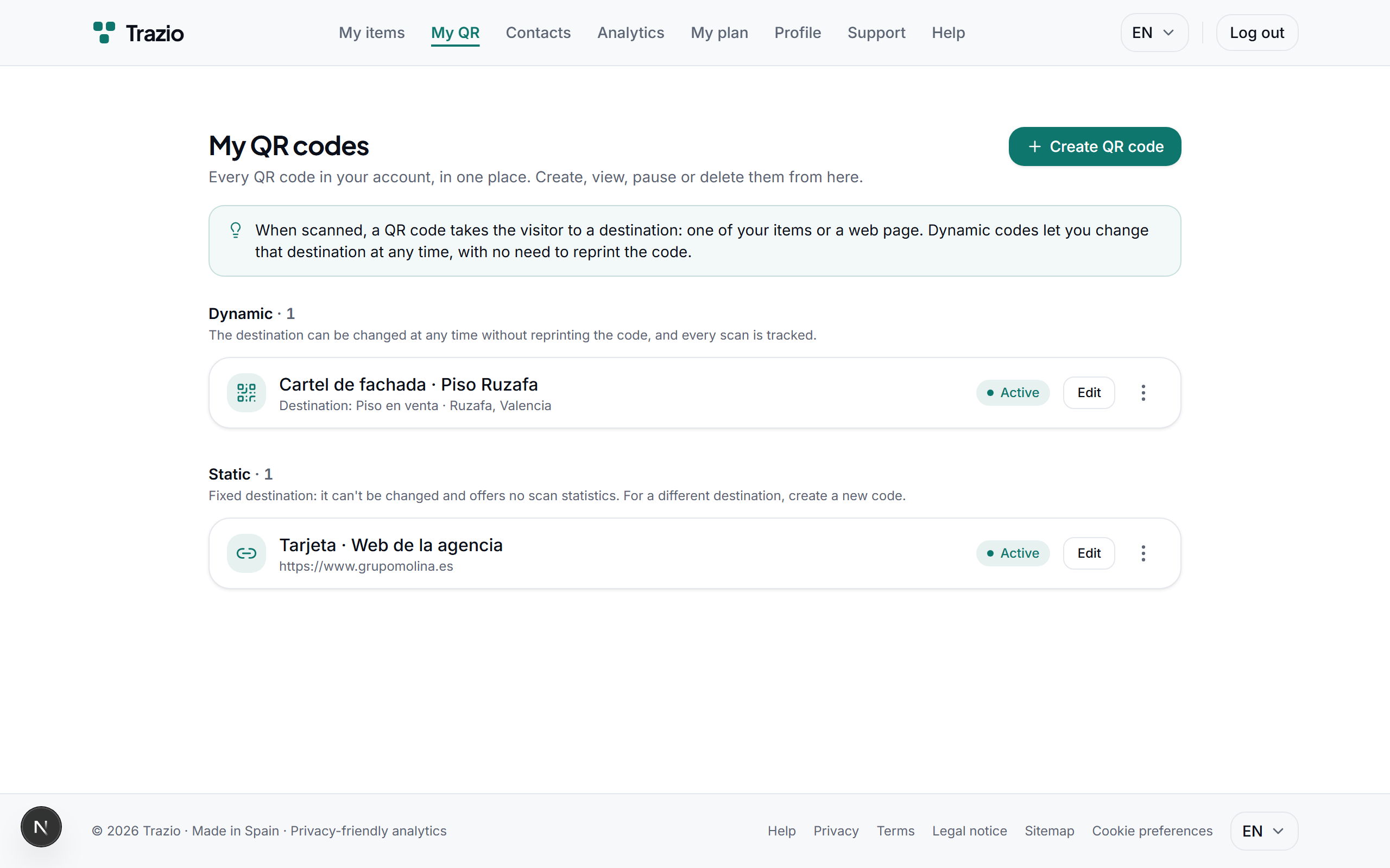 The QR codes list shows every code you have generated. To create a new one, click the corresponding button.