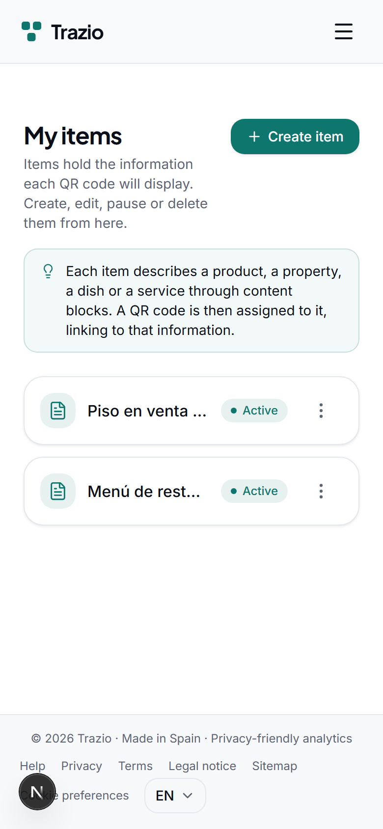 The records list shows every record you have created. To start a new one, click the create record button.