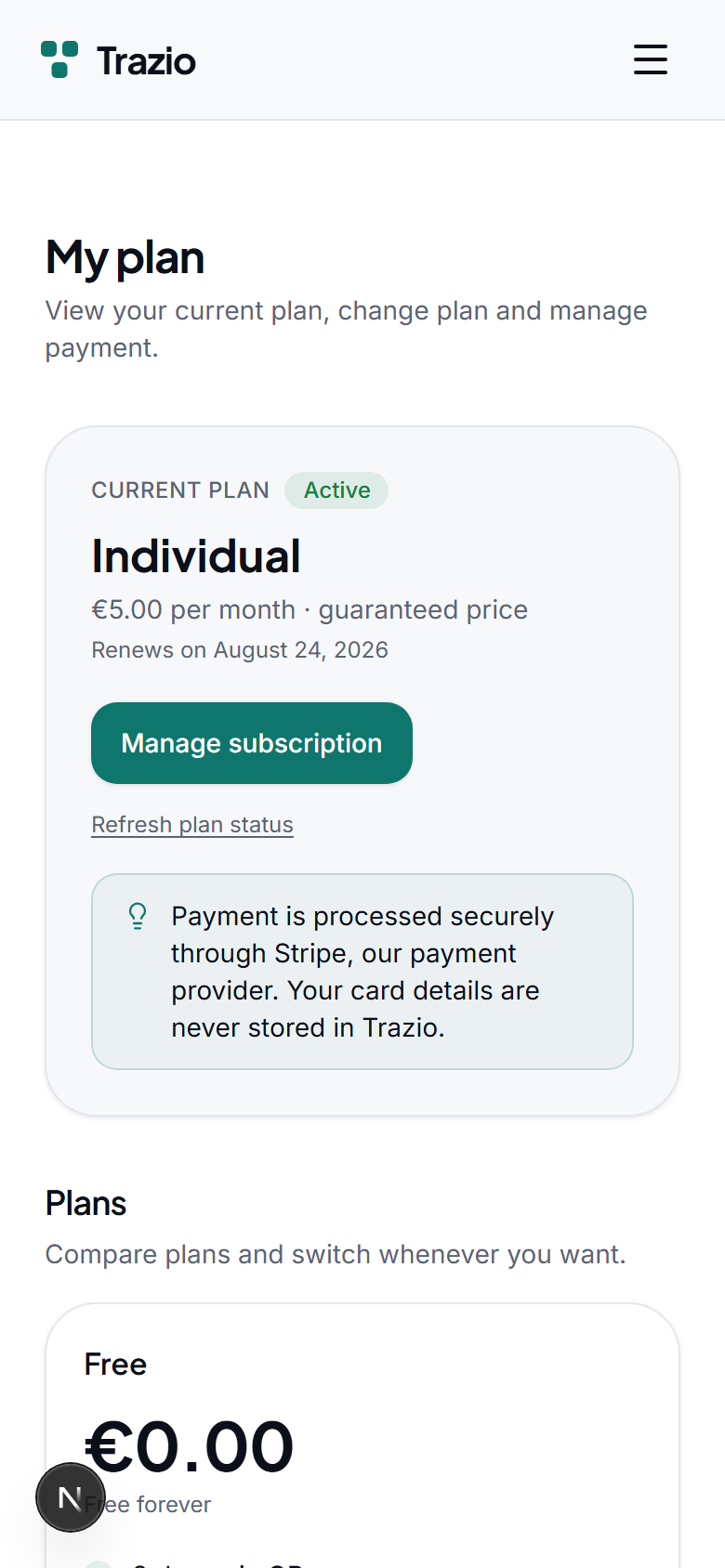 The plan section shows your current plan and what it includes. The Free plan lets you create records and codes with the essential features.
