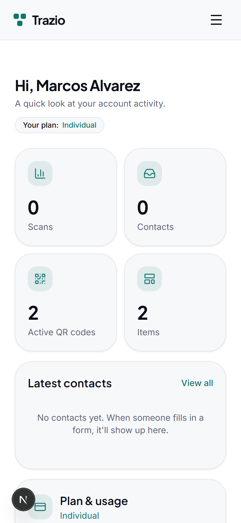 The home dashboard brings together your records, QR codes, and analytics. From here you can access everything you need to manage your account.