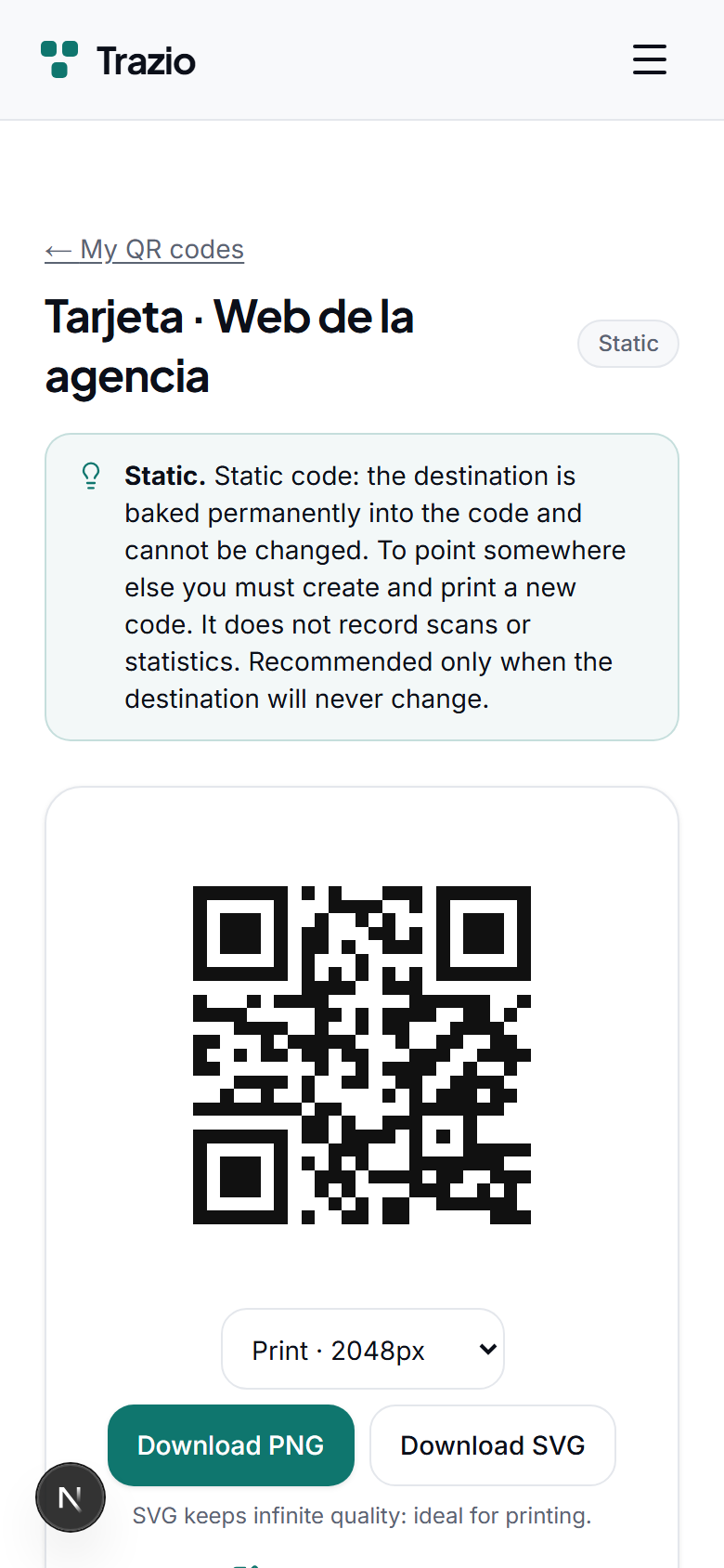 The generated code points permanently to that address. It cannot be changed afterward and does not record scans.