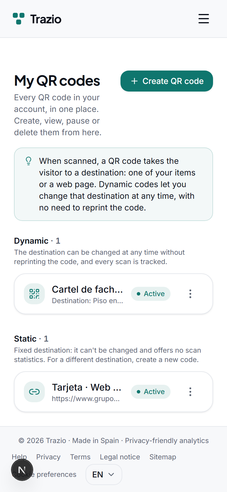 The QR codes list shows every code you have generated. To create a new one, click the corresponding button.