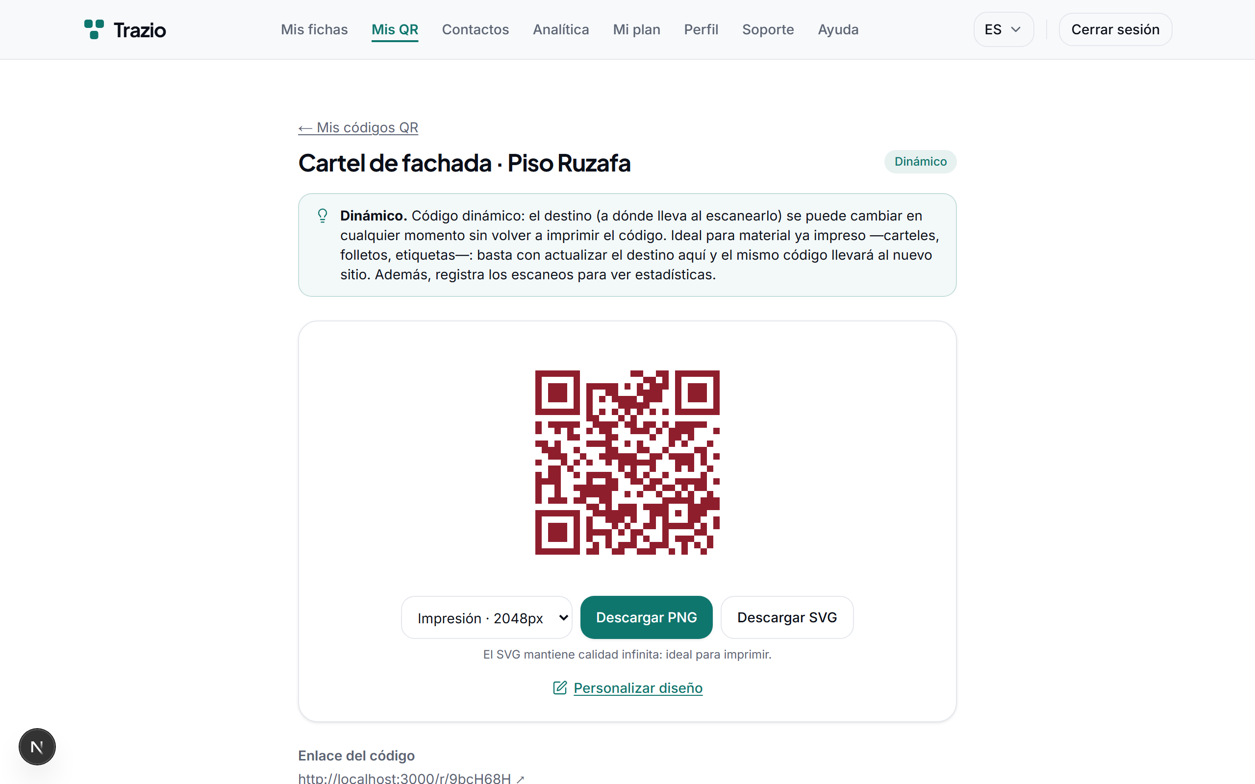 Una vez creado, se muestra el código listo para descargar e imprimir. El destino queda vinculado y puede cambiarse más adelante.
