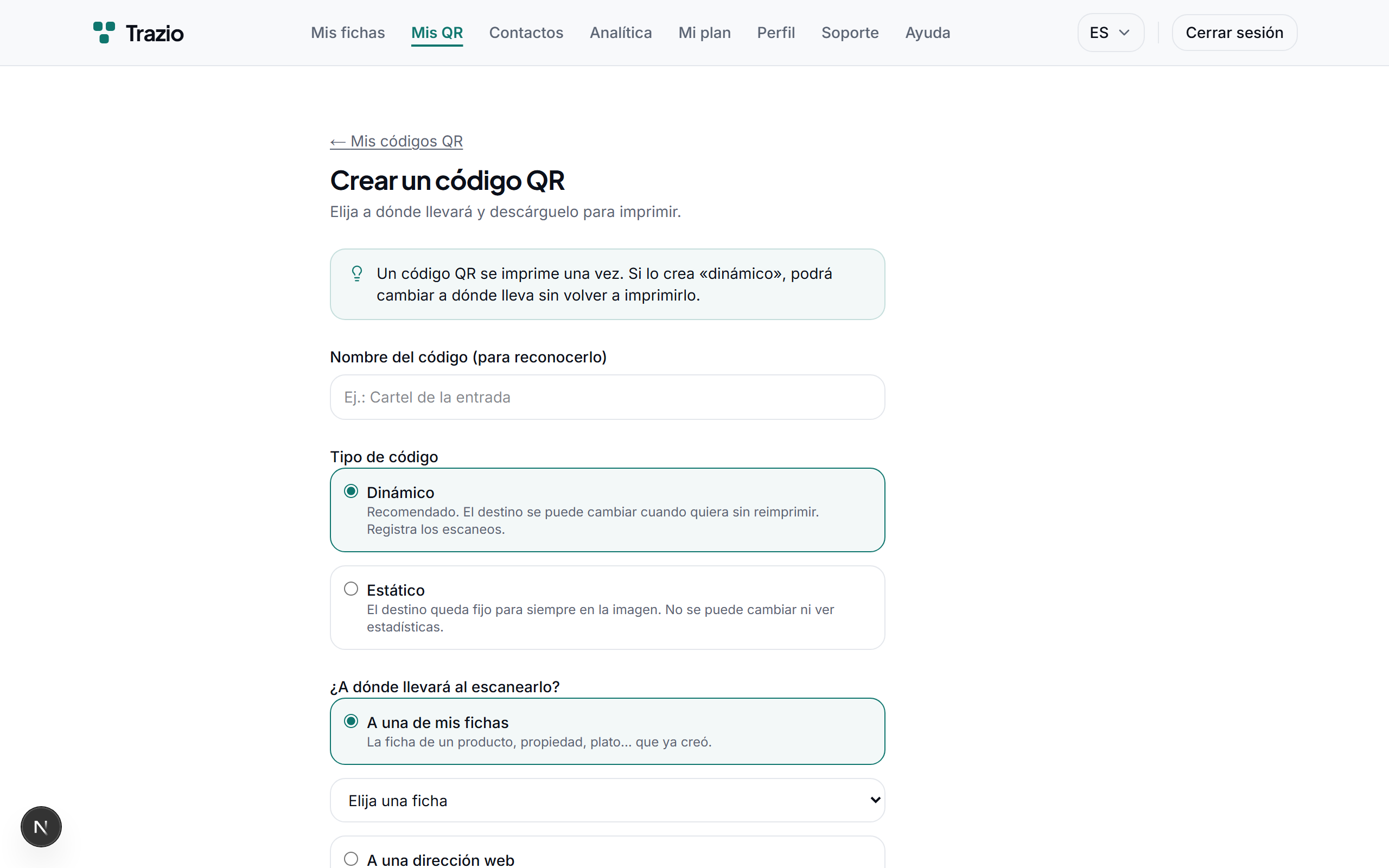 Se selecciona el tipo dinámico y se indica como destino una ficha propia. También es posible apuntar a una dirección web externa.