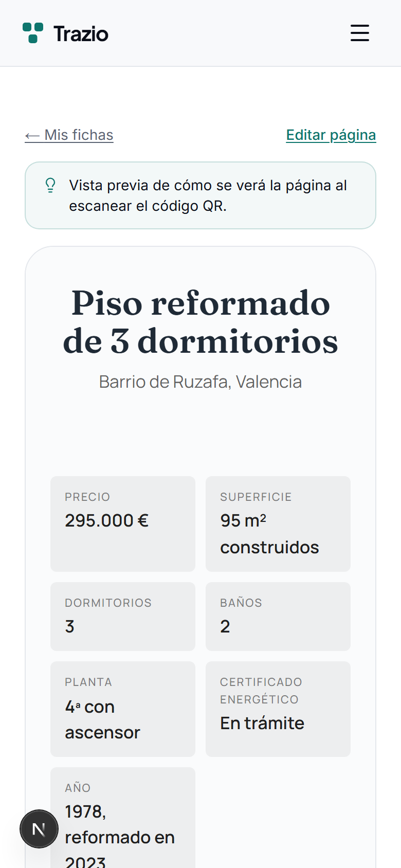 Cada ficha reúne su contenido en un mismo lugar: título, descripción, imágenes y datos de interés. Todo se gestiona desde la cuenta de Trazio.