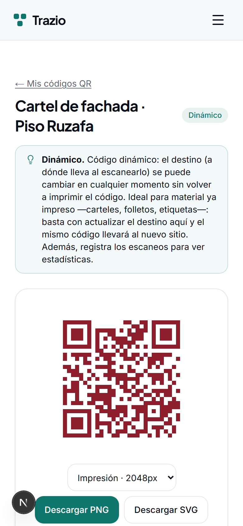 Una vez creado, se muestra el código listo para descargar e imprimir. El destino queda vinculado y puede cambiarse más adelante.