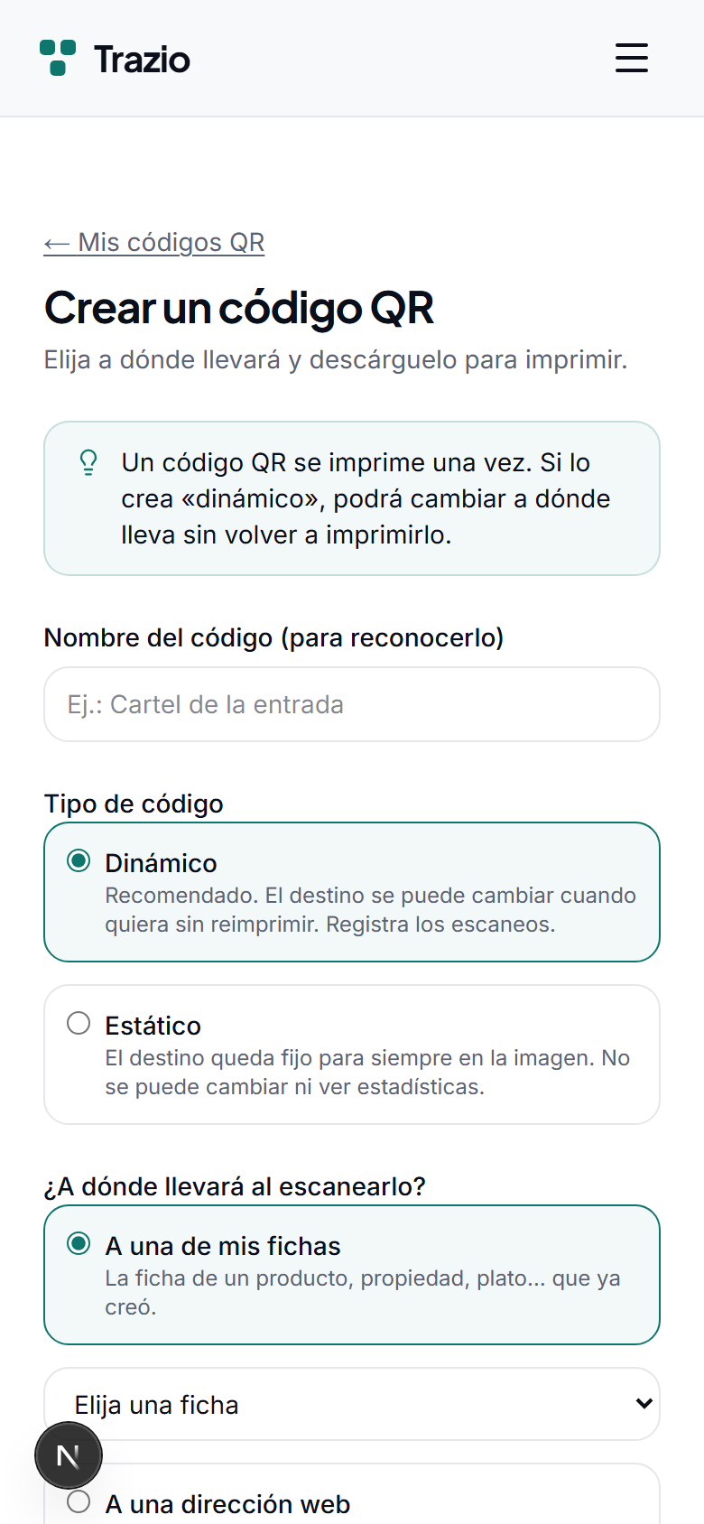 Se selecciona el tipo dinámico y se indica como destino una ficha propia. También es posible apuntar a una dirección web externa.