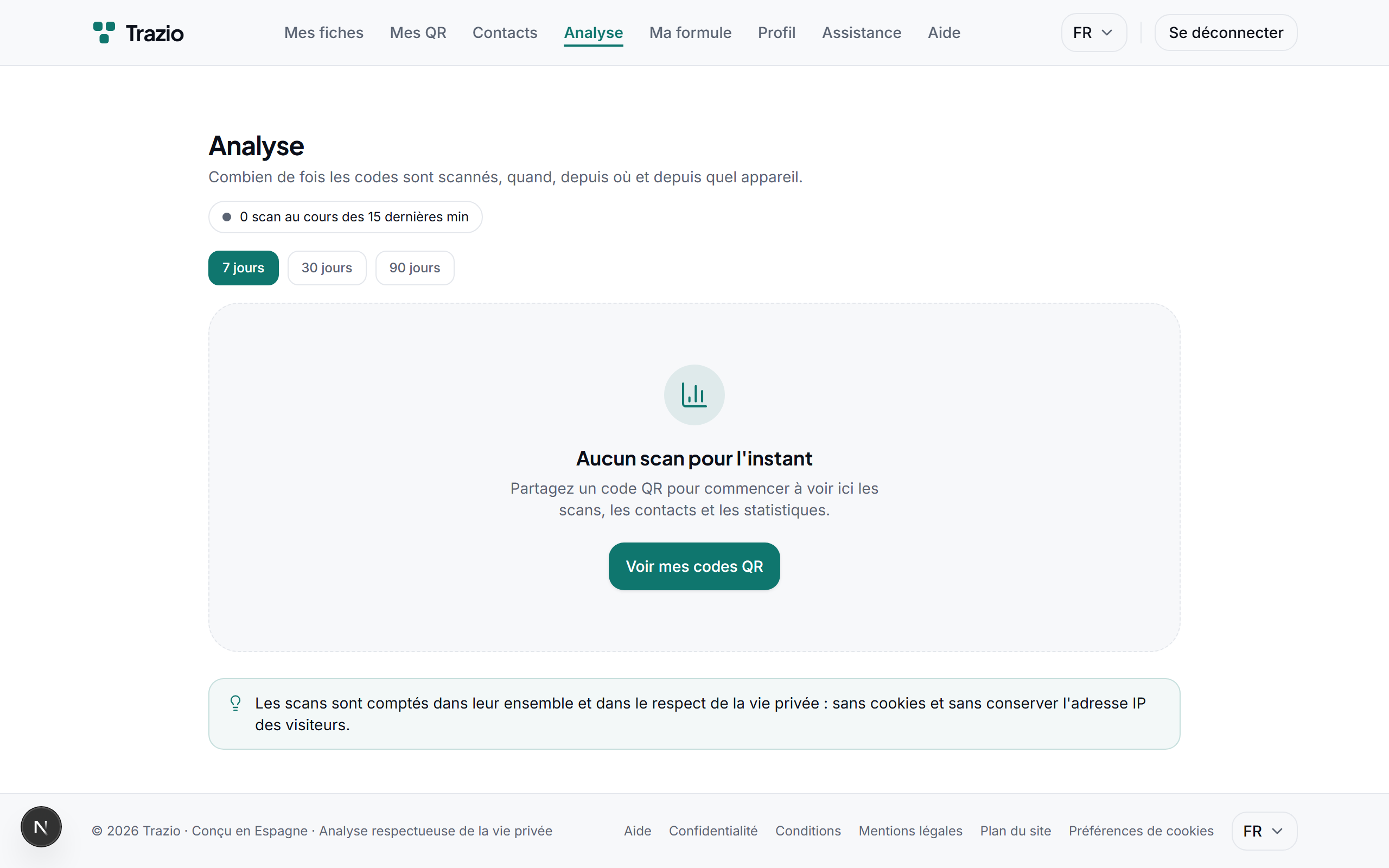 Le tableau d'analytique affiche le nombre de scans et leur évolution dans le temps, avec un détail par code dynamique.