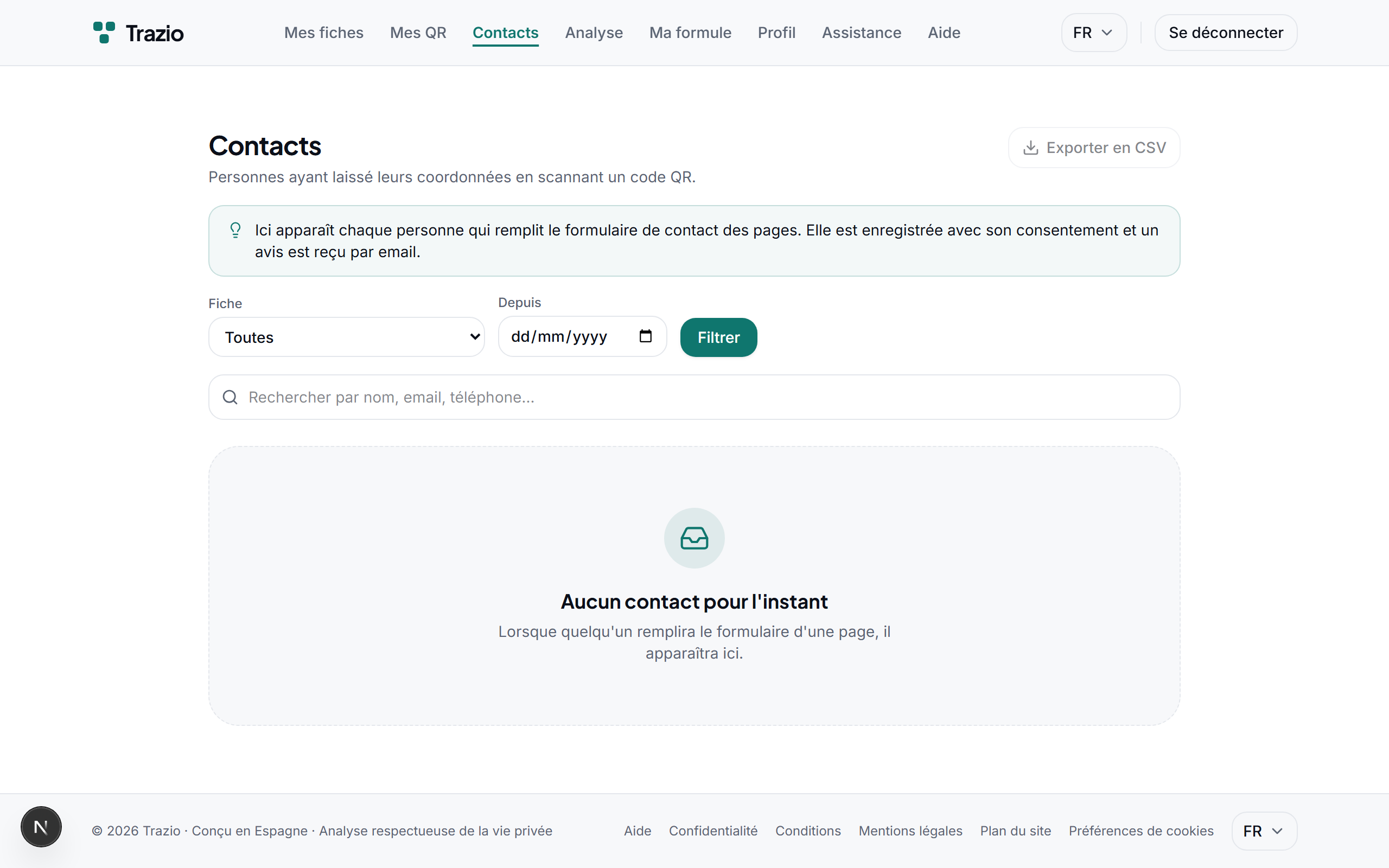 Les contacts reçus sont rassemblés dans une même liste au sein de votre compte, prêts à être consultés ou exportés.