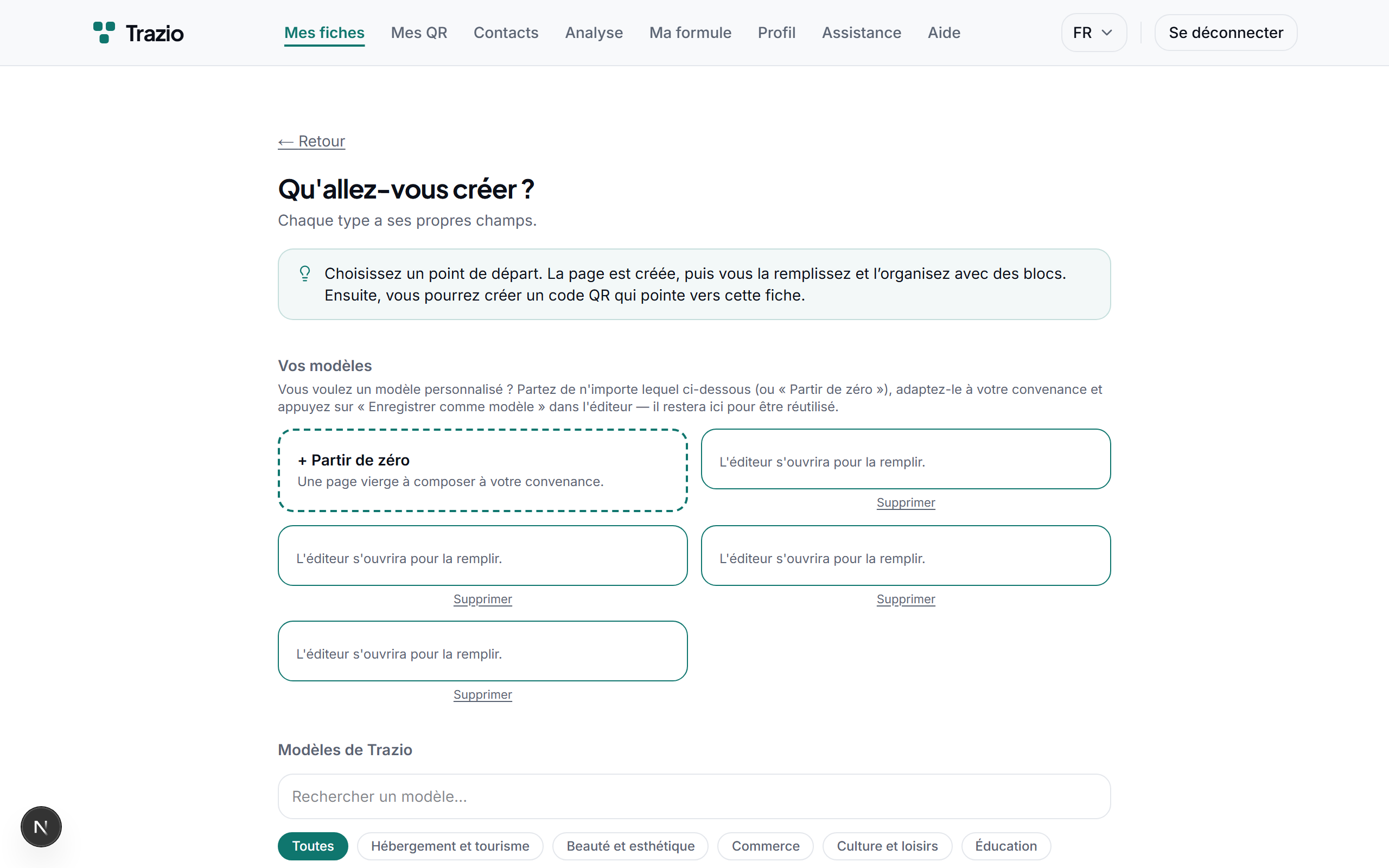 Sélectionnez un modèle selon l'usage prévu : bien, plat, événement, produit ou autre. Le modèle définit la structure initiale du contenu.