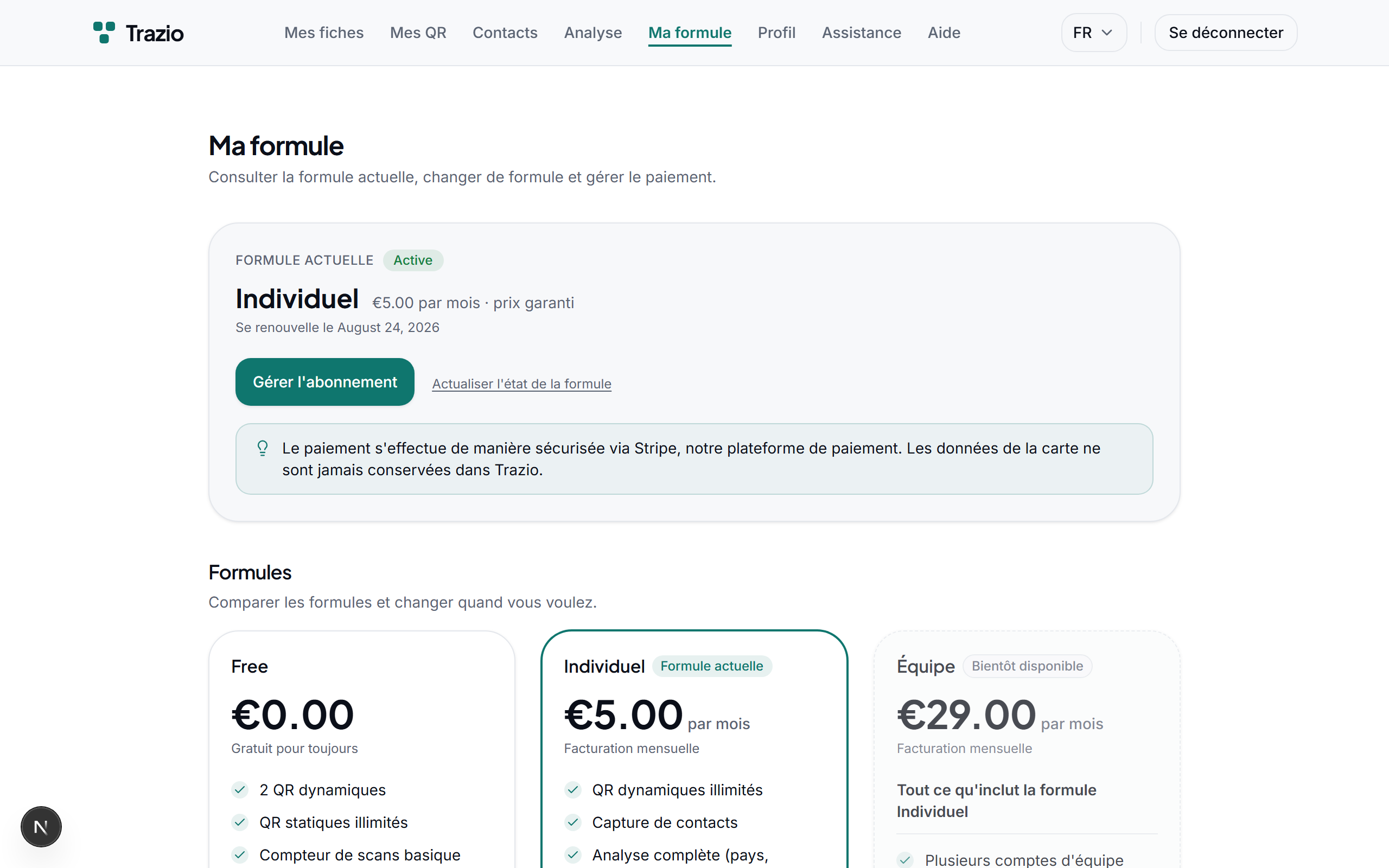 La section du forfait indique votre forfait actuel et ce qu'il comprend. Le forfait Free permet de créer des fiches et des codes avec les fonctionnalités essentielles.