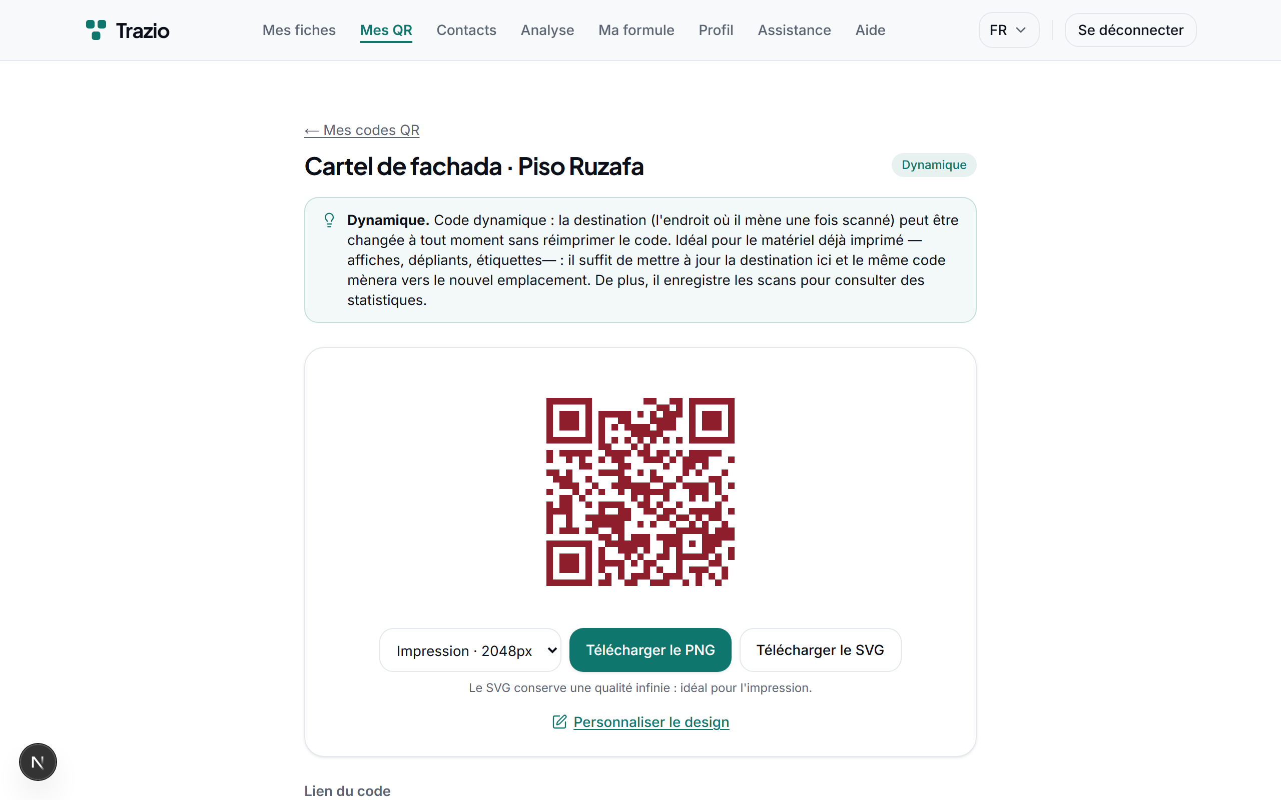 Le détail du code dynamique affiche la destination actuelle. C'est d'ici que vous accédez à l'option de modification.