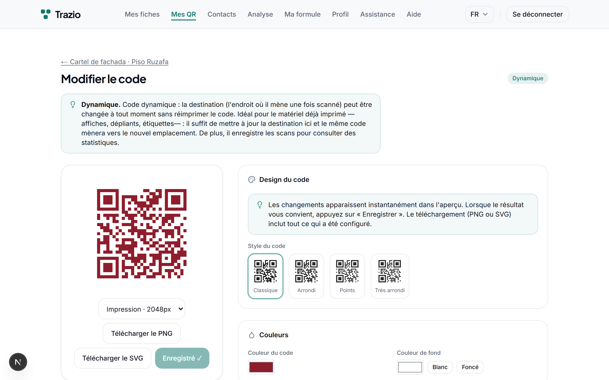 Indiquez la nouvelle destination (une autre fiche ou une adresse web) et enregistrez. Le changement s'applique aussitôt pour toute personne qui scanne le code.