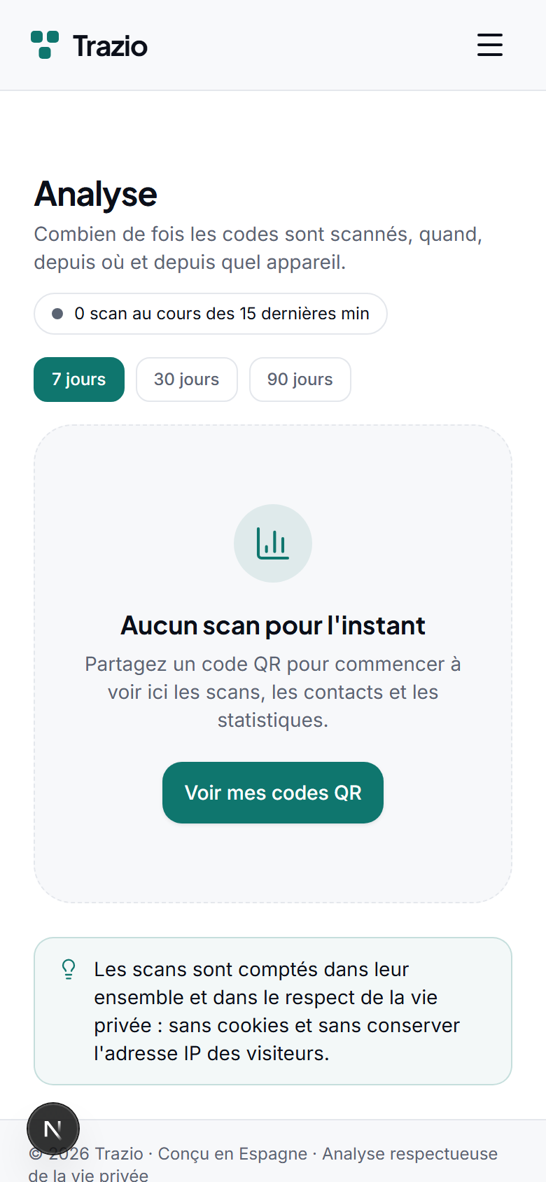 Le tableau d'analytique affiche le nombre de scans et leur évolution dans le temps, avec un détail par code dynamique.