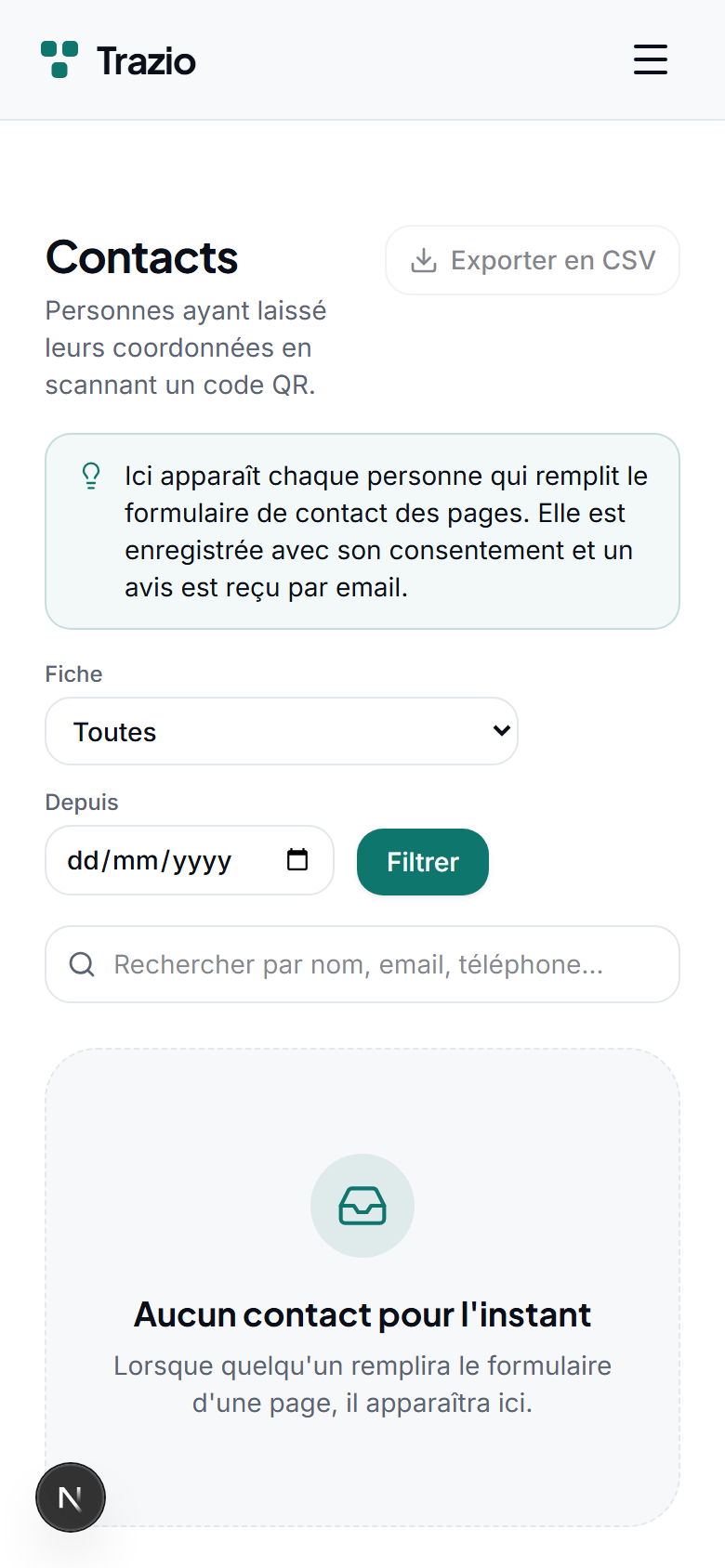 Les contacts reçus sont rassemblés dans une même liste au sein de votre compte, prêts à être consultés ou exportés.