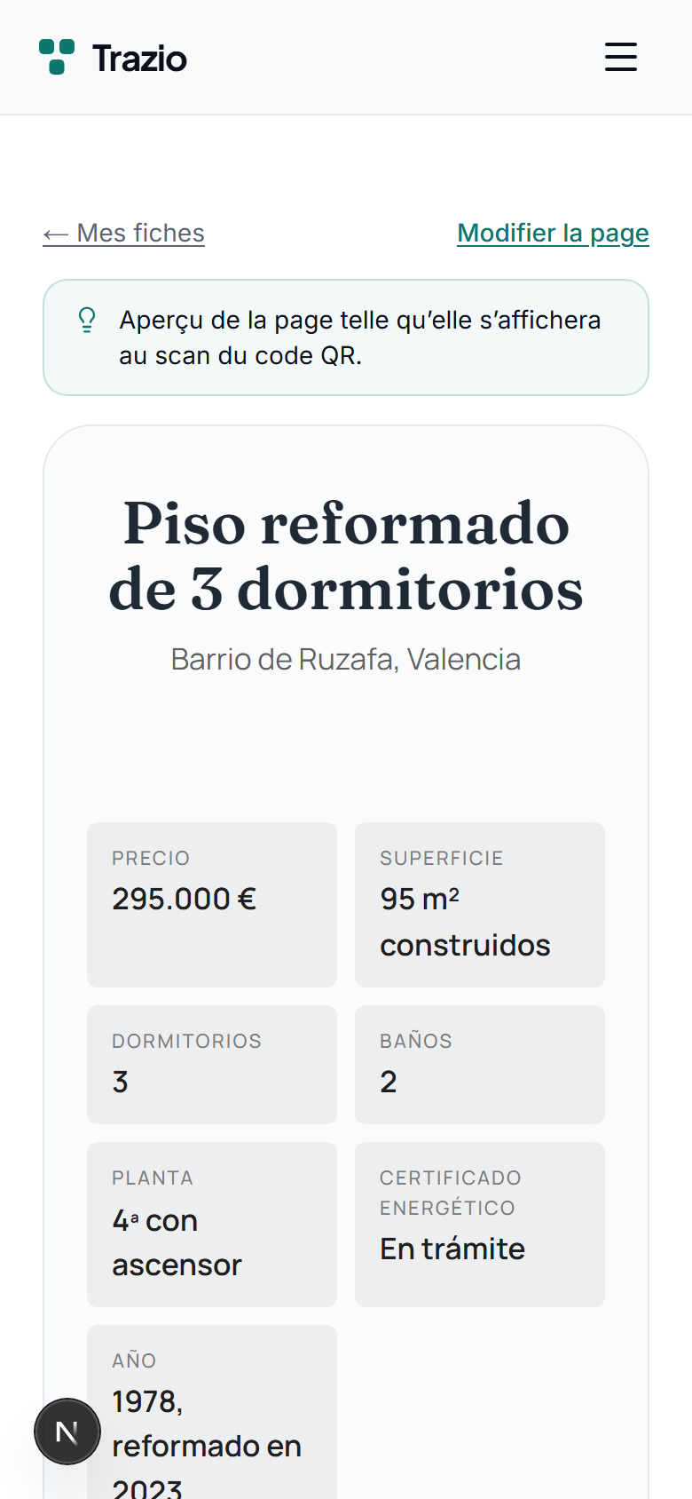 Chaque fiche rassemble son contenu au même endroit : titre, description, images et informations utiles. Tout se gère depuis votre compte Trazio.