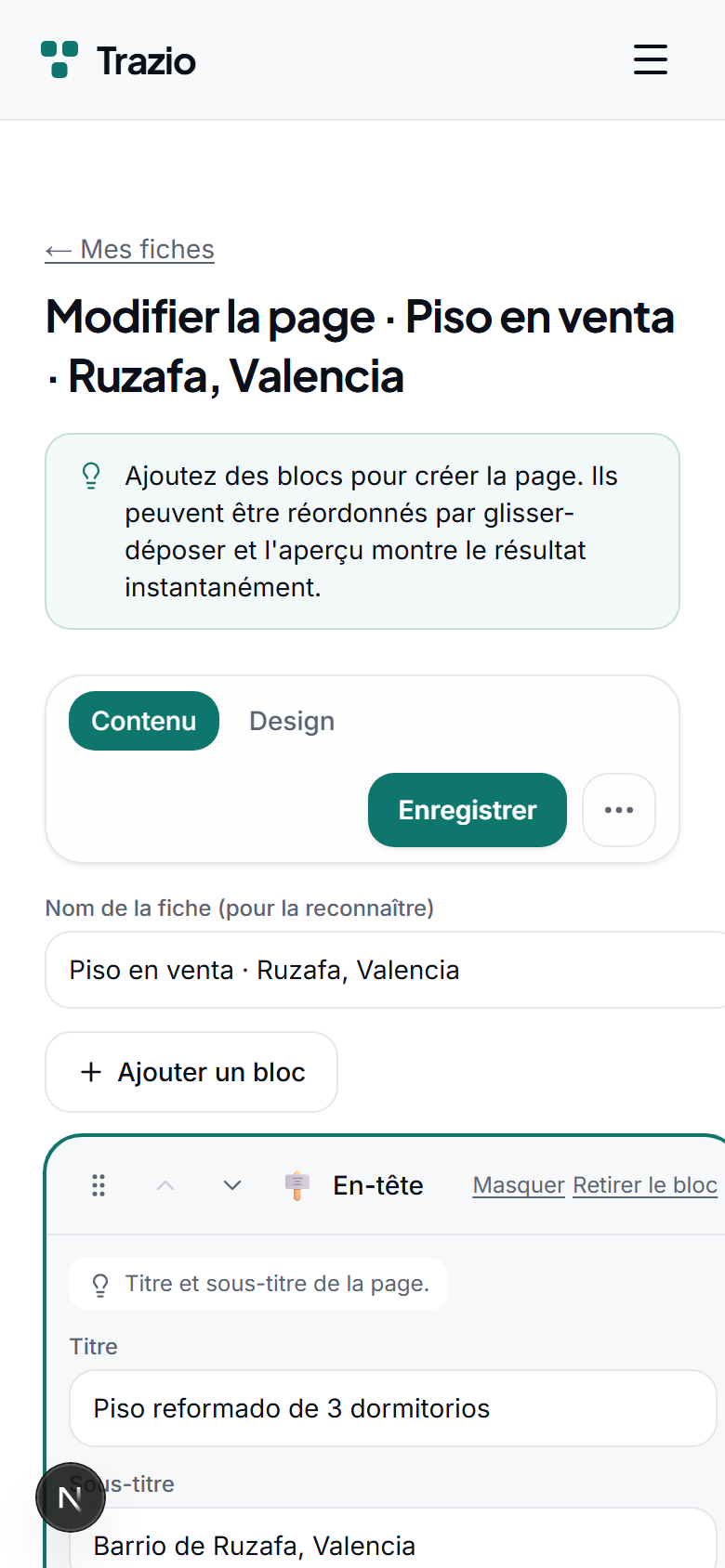 Dans l'éditeur, vous complétez le titre, la description et les images. Chaque champ peut être modifié autant de fois que nécessaire avant la publication.