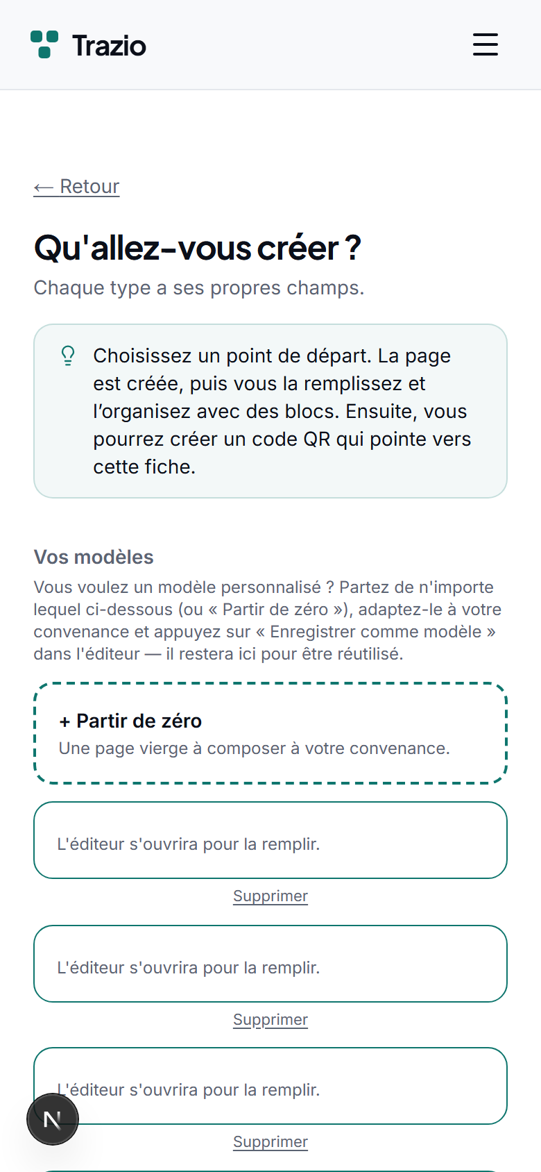 Sélectionnez un modèle selon l'usage prévu : bien, plat, événement, produit ou autre. Le modèle définit la structure initiale du contenu.