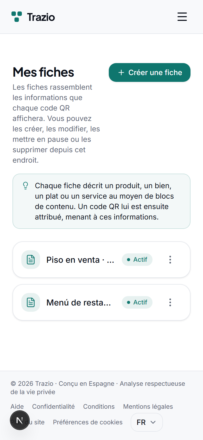 La liste des fiches affiche toutes les fiches créées. Pour en commencer une nouvelle, appuyez sur le bouton de création de fiche.