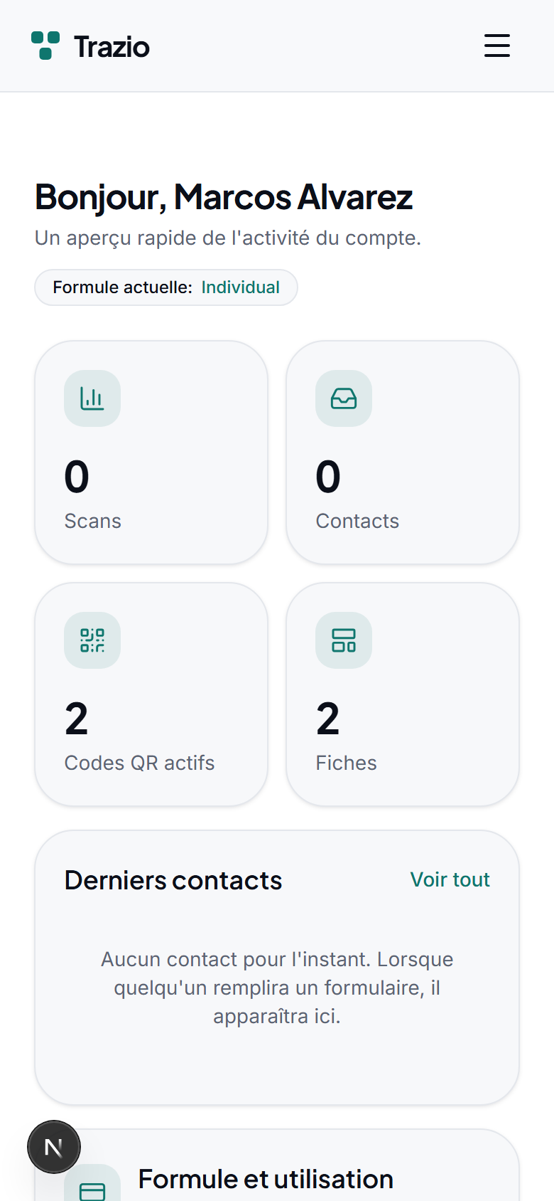 Le tableau de bord regroupe les fiches, les codes QR et l'analytique. C'est d'ici que vous accédez à tout le nécessaire pour gérer votre compte.