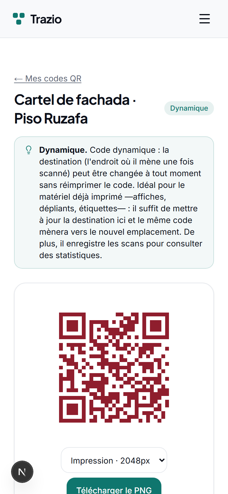 Le détail du code dynamique affiche la destination actuelle. C'est d'ici que vous accédez à l'option de modification.