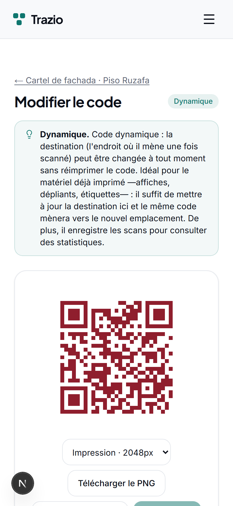 Indiquez la nouvelle destination (une autre fiche ou une adresse web) et enregistrez. Le changement s'applique aussitôt pour toute personne qui scanne le code.