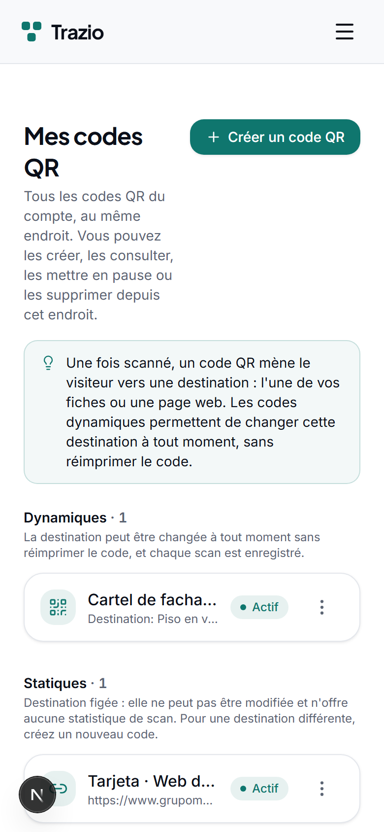 La liste des codes QR affiche tous ceux qui ont été générés. Pour en créer un nouveau, appuyez sur le bouton correspondant.