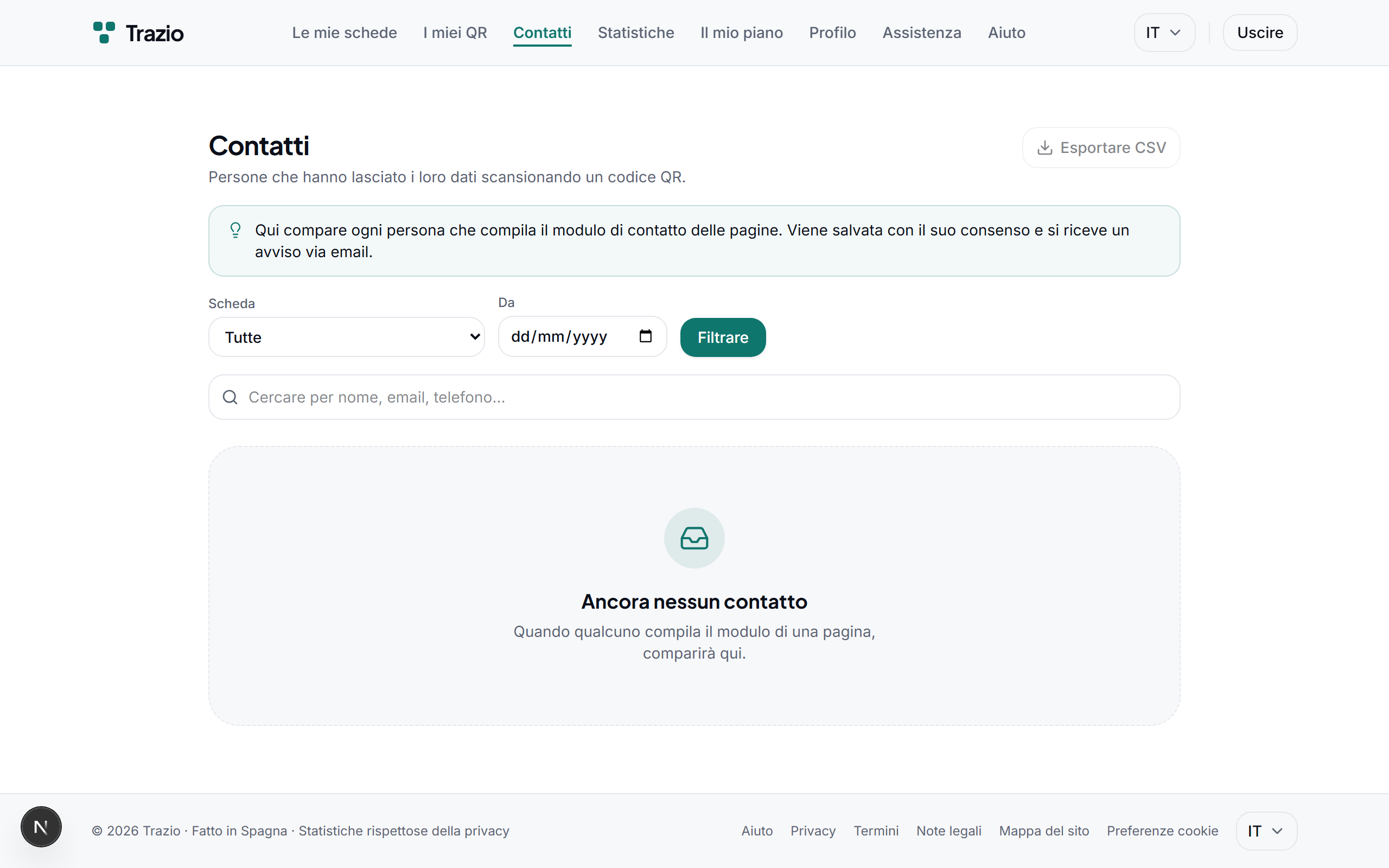 I contatti ricevuti vengono raccolti in un unico elenco all'interno dell'account, pronti per essere consultati o esportati.