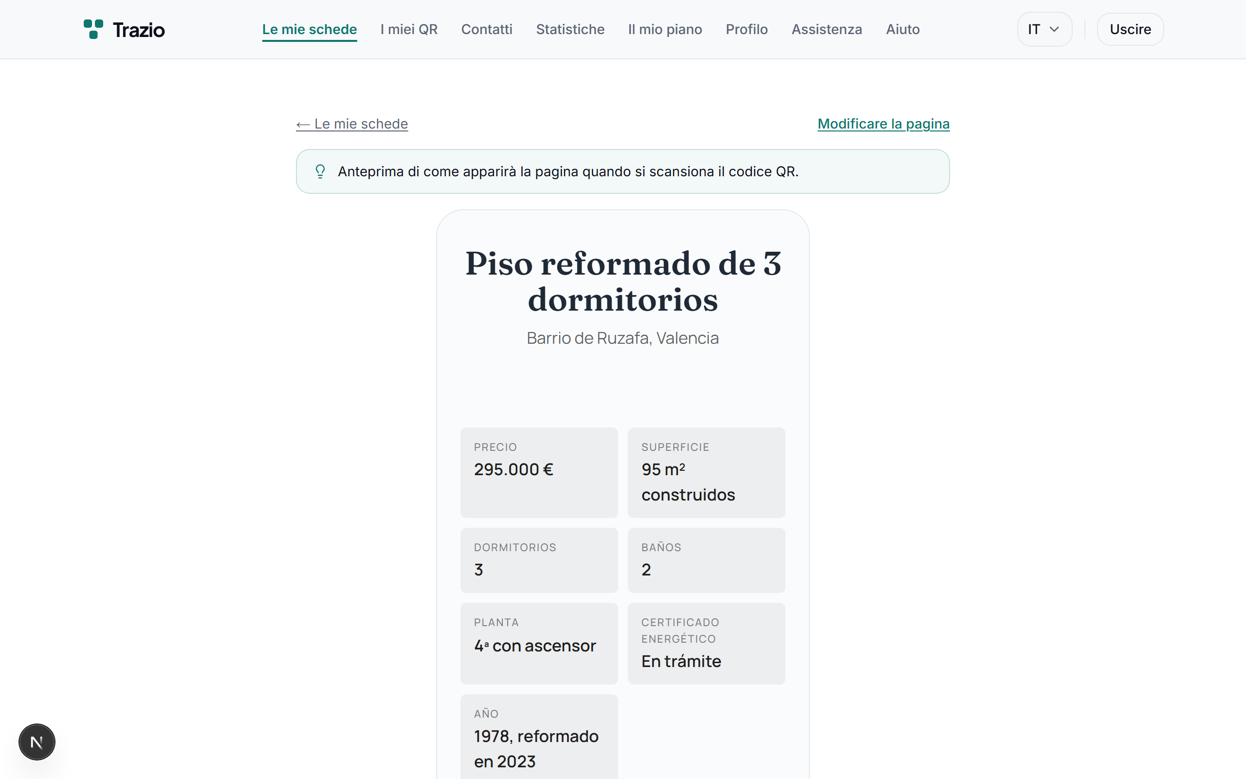 Ogni scheda riunisce il suo contenuto in un unico luogo: titolo, descrizione, immagini e dati di interesse. Tutto si gestisce dall'account di Trazio.