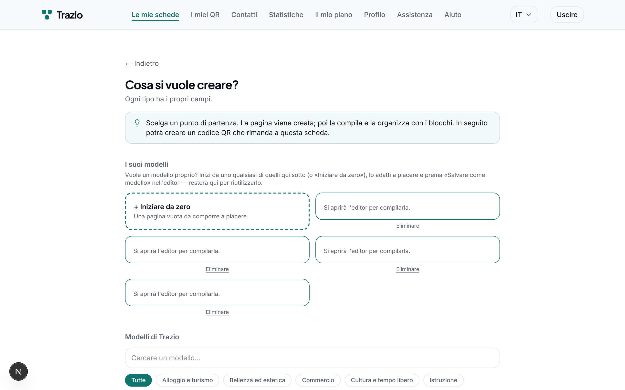Si seleziona un modello in base all'uso previsto: immobile, piatto, evento, prodotto o altro. Il modello definisce la struttura iniziale del contenuto.