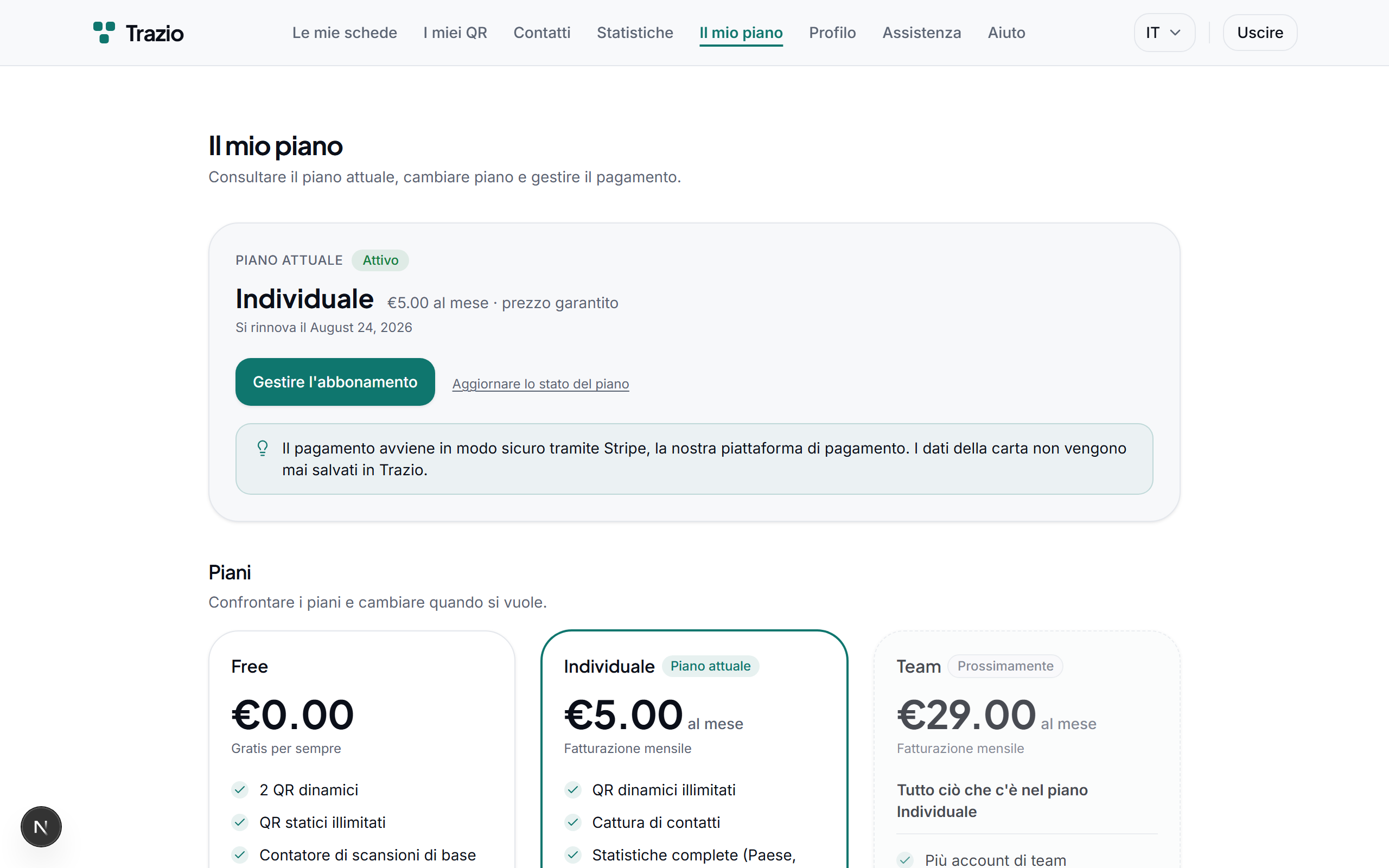 Nella sezione del piano si consultano il piano attuale e ciò che include. Il piano Free consente di creare schede e codici con le funzioni essenziali.