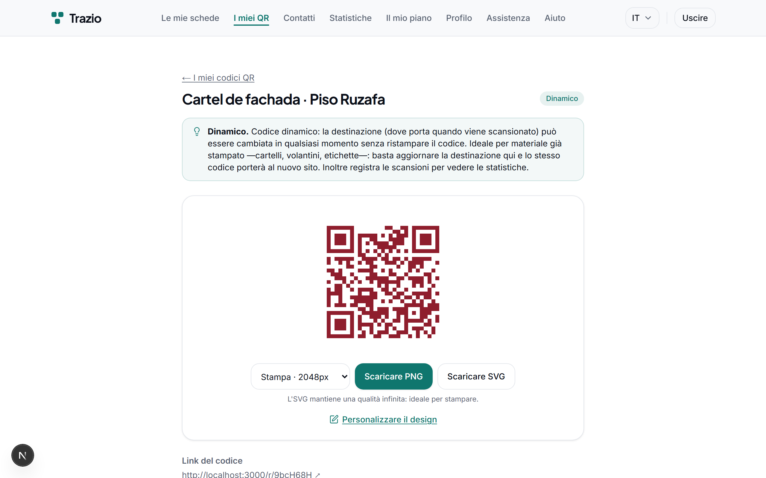 Nel dettaglio del codice dinamico viene mostrata la destinazione attuale. Da qui si accede all'opzione per modificarla.